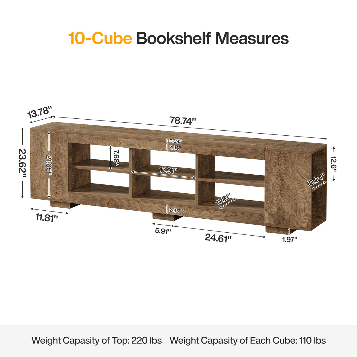 78.7" Long Low Bookcase, 3-Tier Horizontal Bookshelf with 10 Storage Cubbies for Home Office
