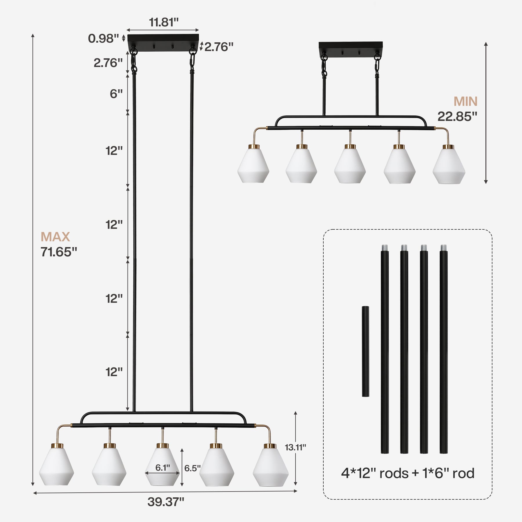 5-Light Pendant Light, Adjustable-Height Kitchen Island Light with Frosted White Glass, E26 Base