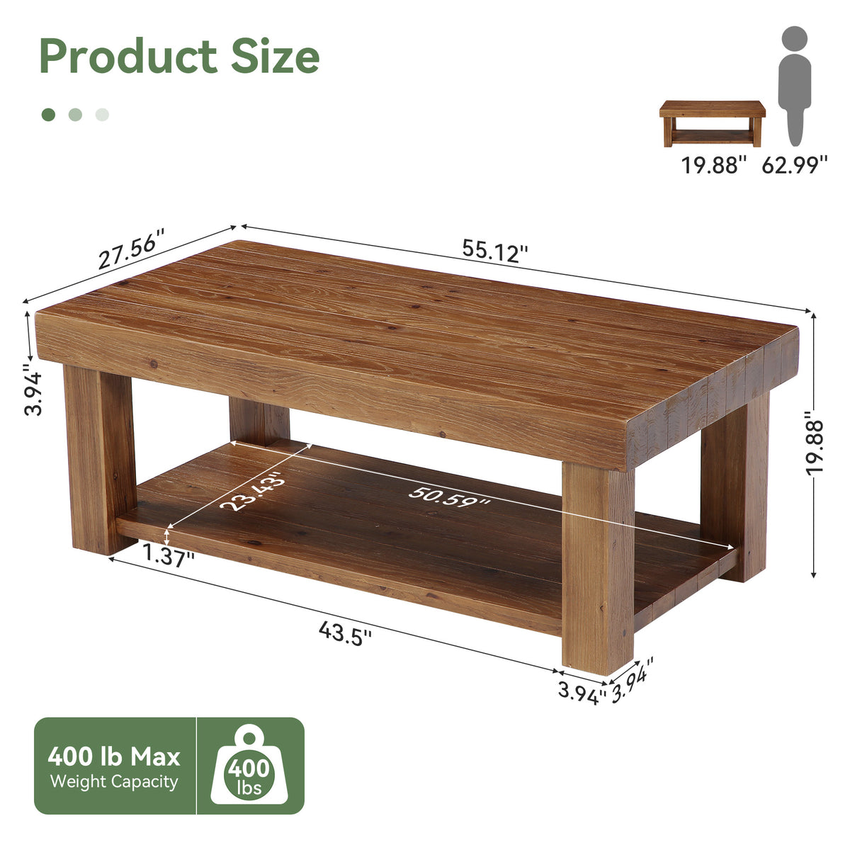 55" Modern Farmhouse Solid Wood Coffee Table, Rectangular with 2-Tier Storage