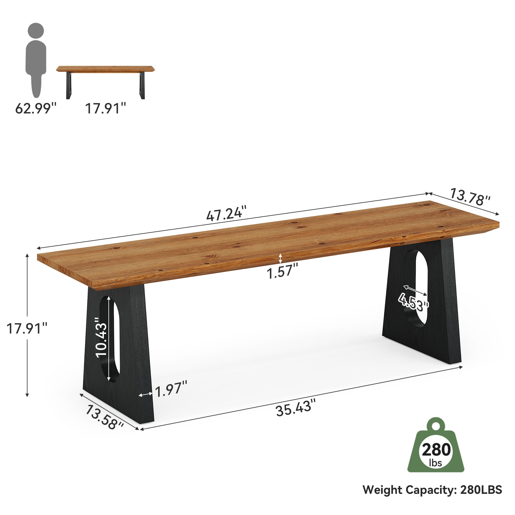 Solid Wood Dining Bench, 47" Kitchen Dining Seat for Dining Room