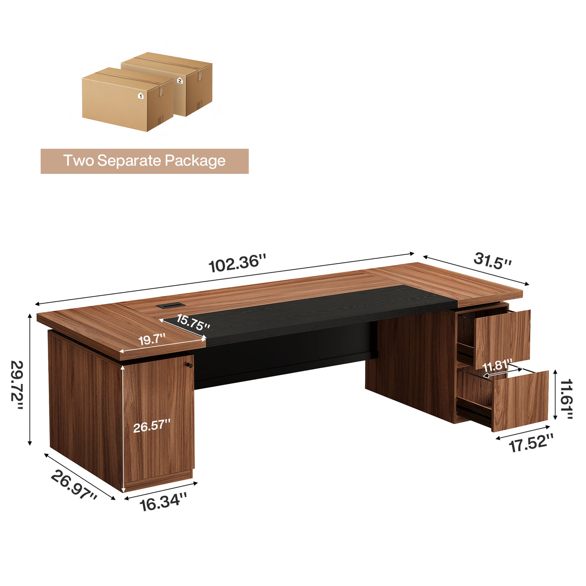 102.3" Large Executive Desk, Oversized Office Desk with Storage Cabinet, File Drawers & CPU Tower