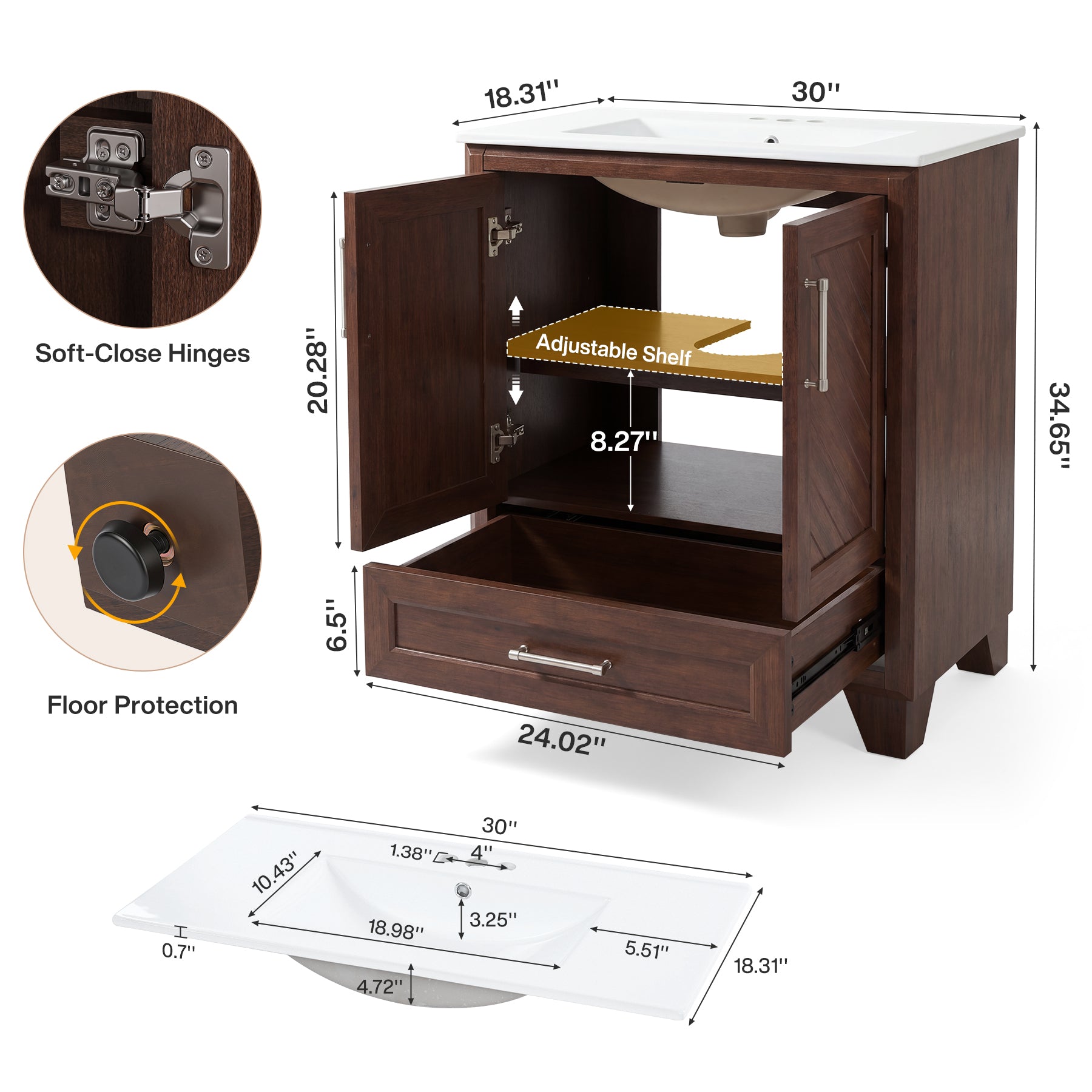 24" Bathroom Vanity, Modern Bathroom Cabinet with Sink & Carved Doors