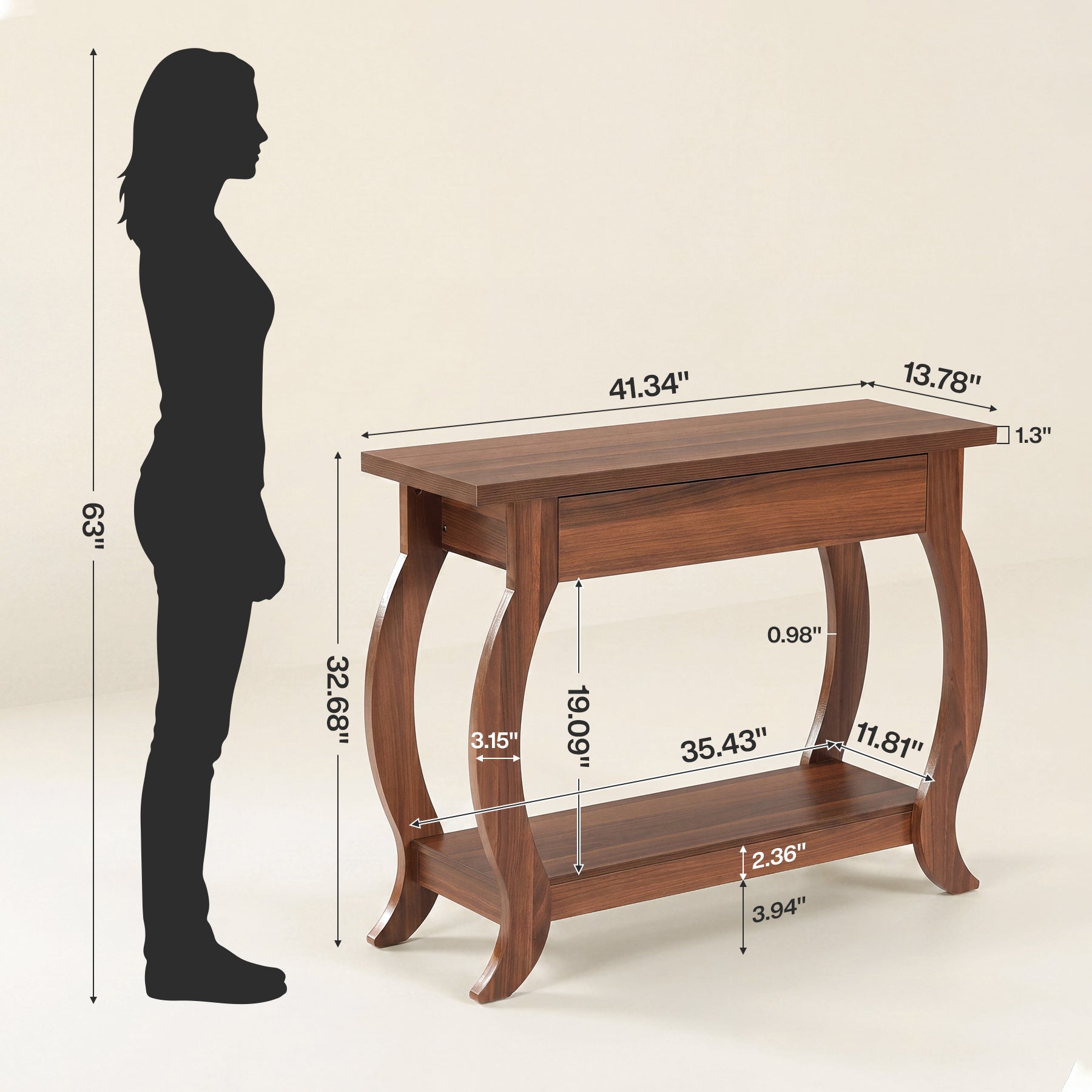 41.3" Console Table with Curved Legs, Farmhouse Sofa Table with Drawer and Shelf