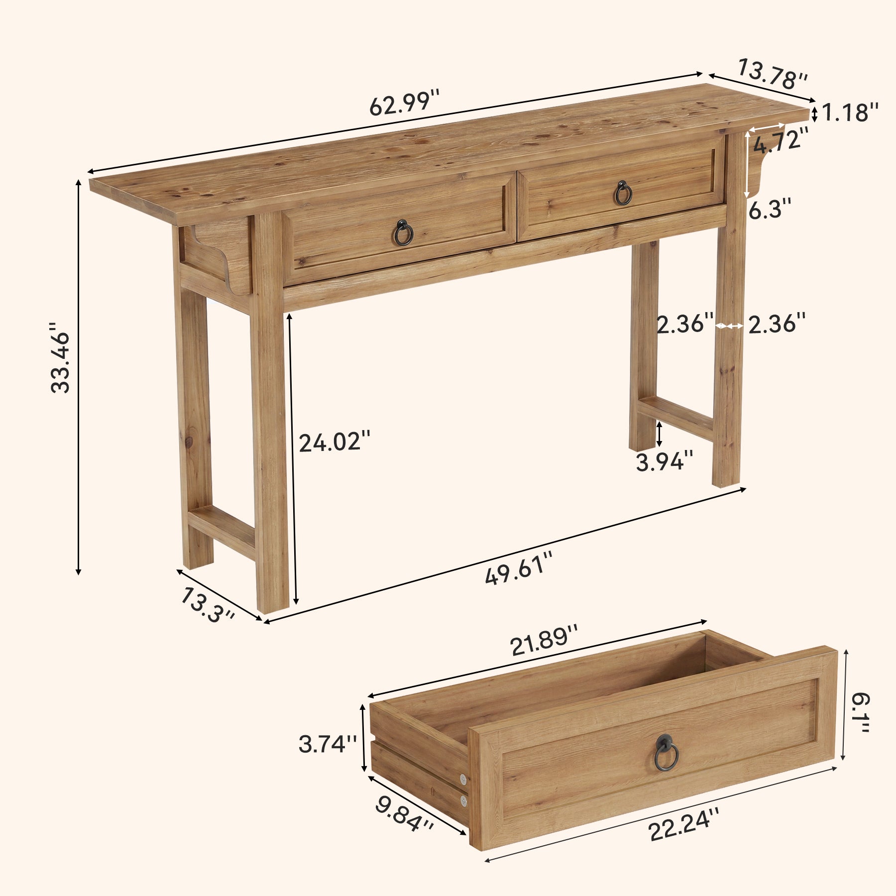 63" Solid Wood Console Table, Farmhouse Sofa Table Entryway Table with 2 Storage Drawers