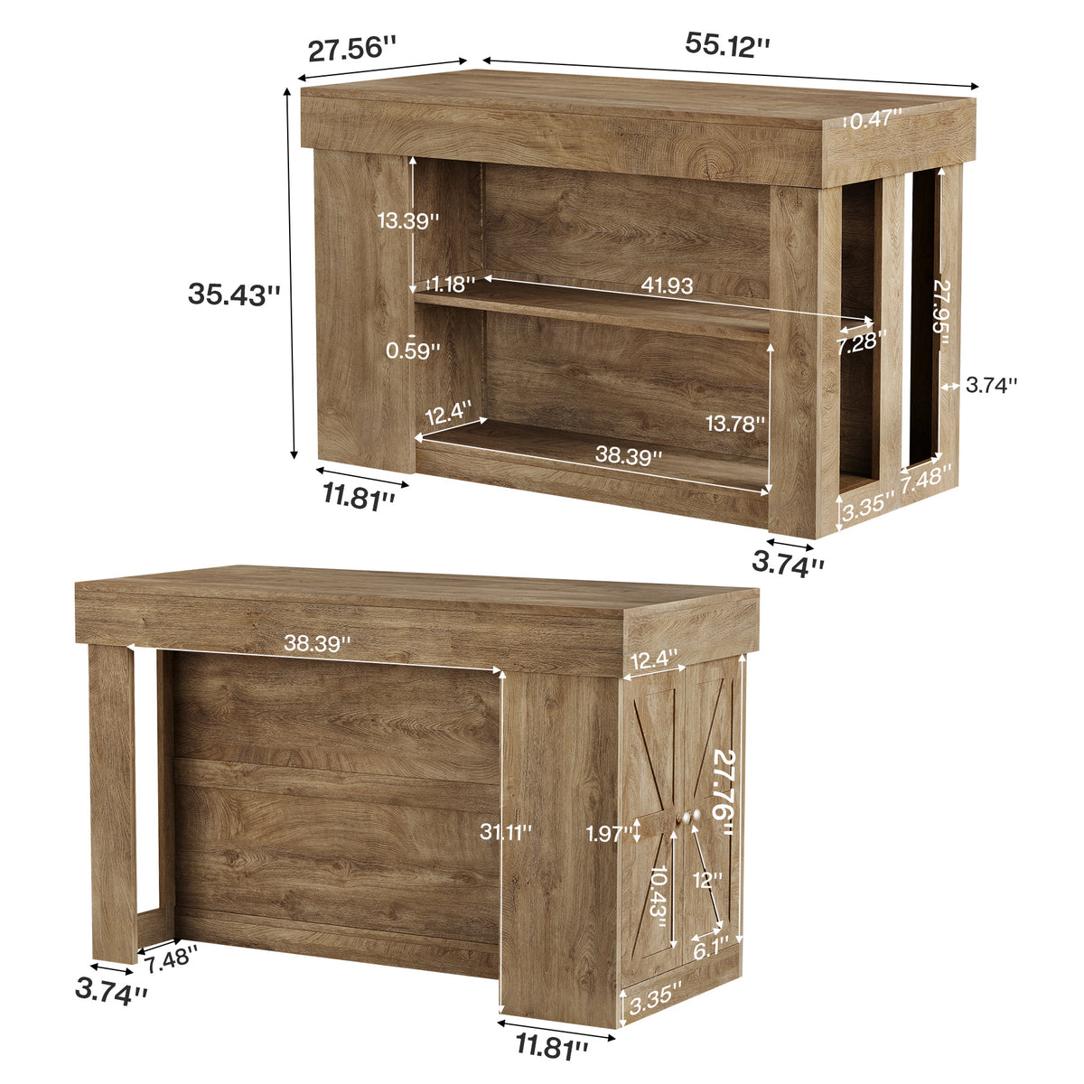 55" Kitchen Island with Storage Cabinet and Shelves, Farmhouse Bar Table for Kitchen