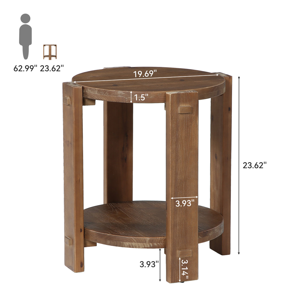 Round Solid Wood End Table, 2-Tier Farmhouse Side Table with Storage