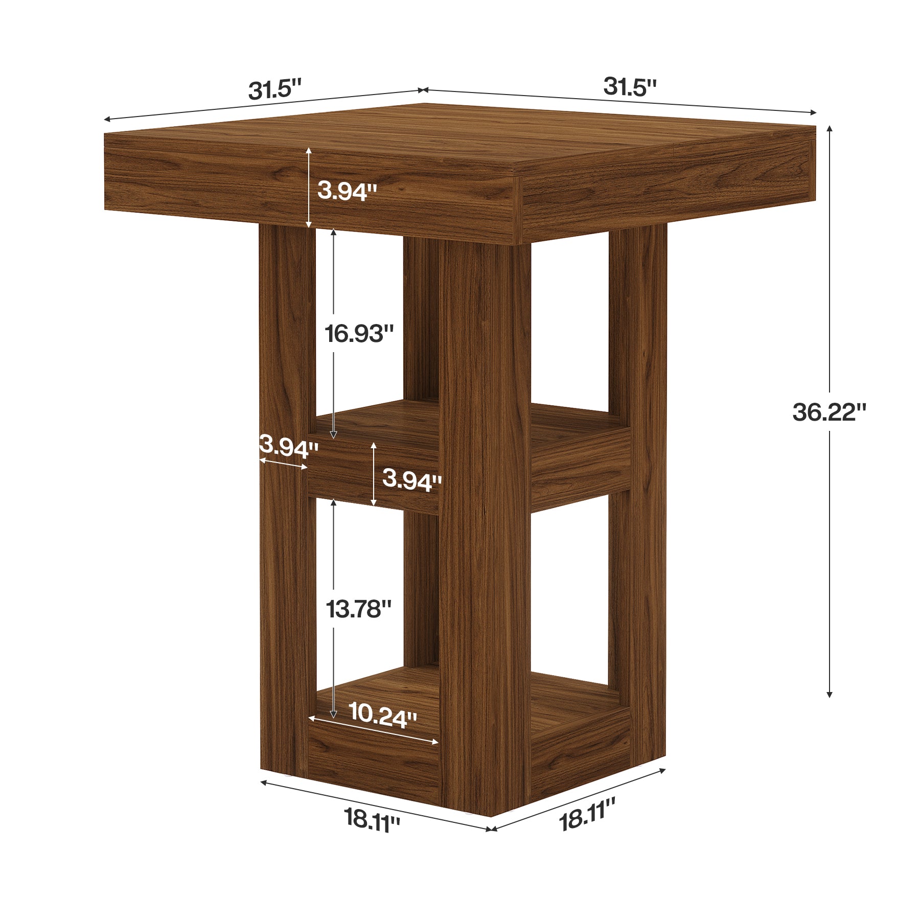 31.5" Square Kitchen Island with 3-Tier Storage, Wooden Home Bar Table