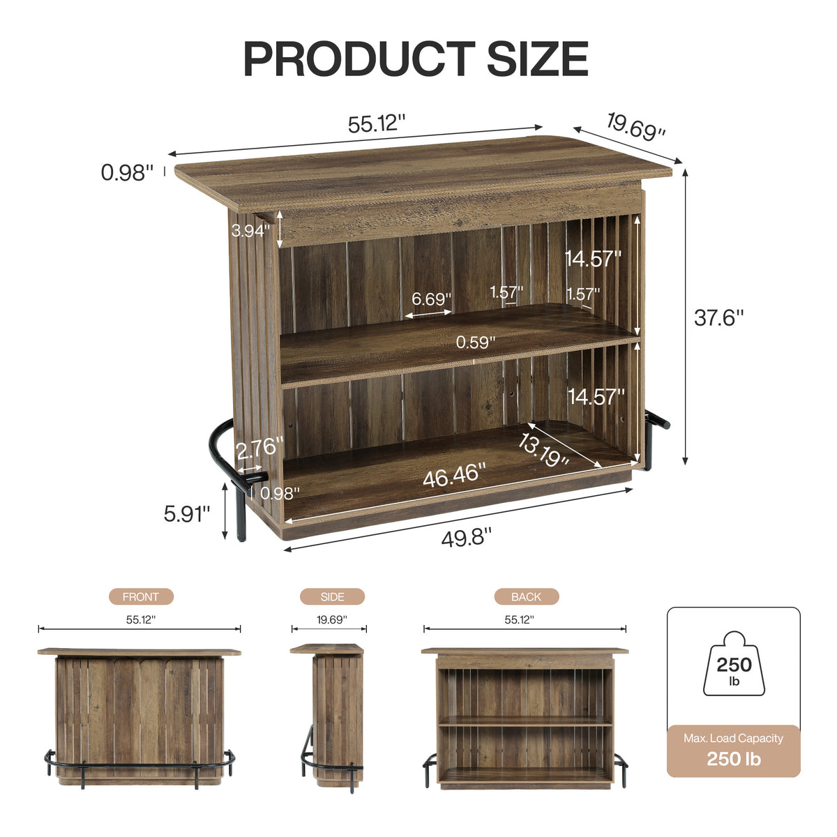 55" Industrial Home Bar Unit, Counter Height 2-Tier Bar Table, Wine Liquor Cabinet