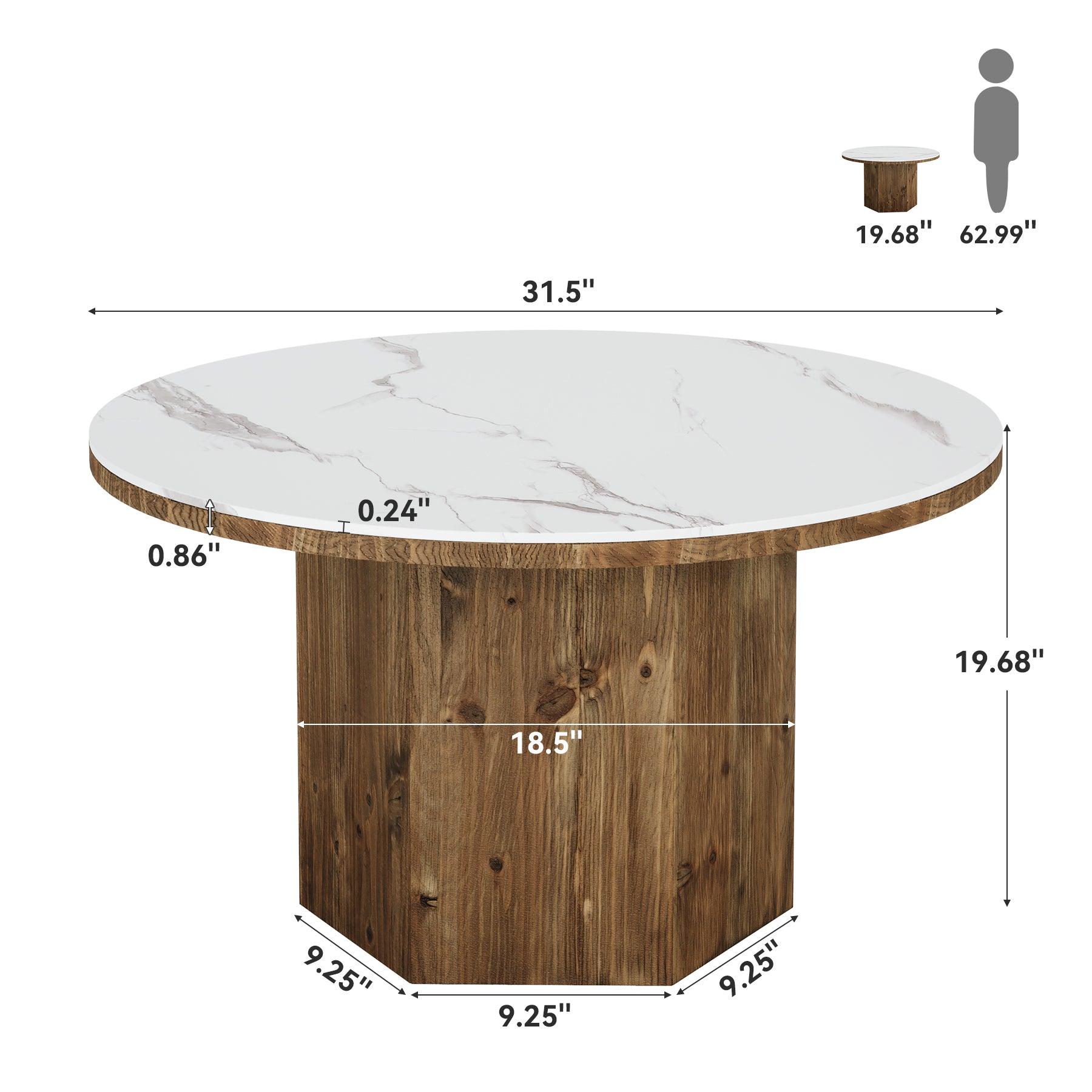 31.5" Round Coffee Table with Sintered Stone Top and Solid Wood Base