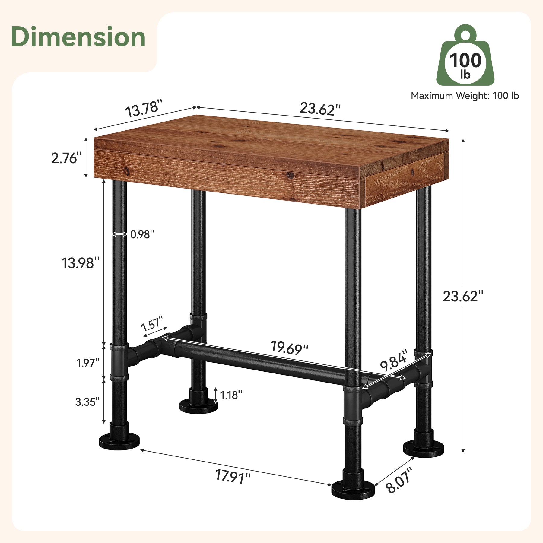 Industrial Narrow End Table with Metal Pipe Frame, Solid Wood Side Table, Living Room