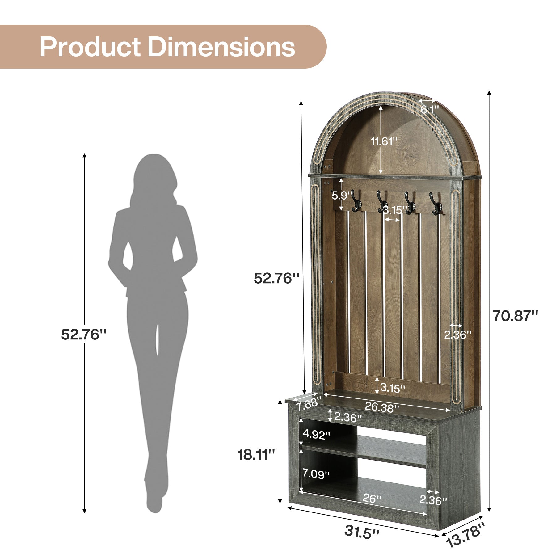71" Hall Tree with Bench & Shoe Storage, Farmhouse Entryway Coat Rack, 4 Hooks, Open Shelf