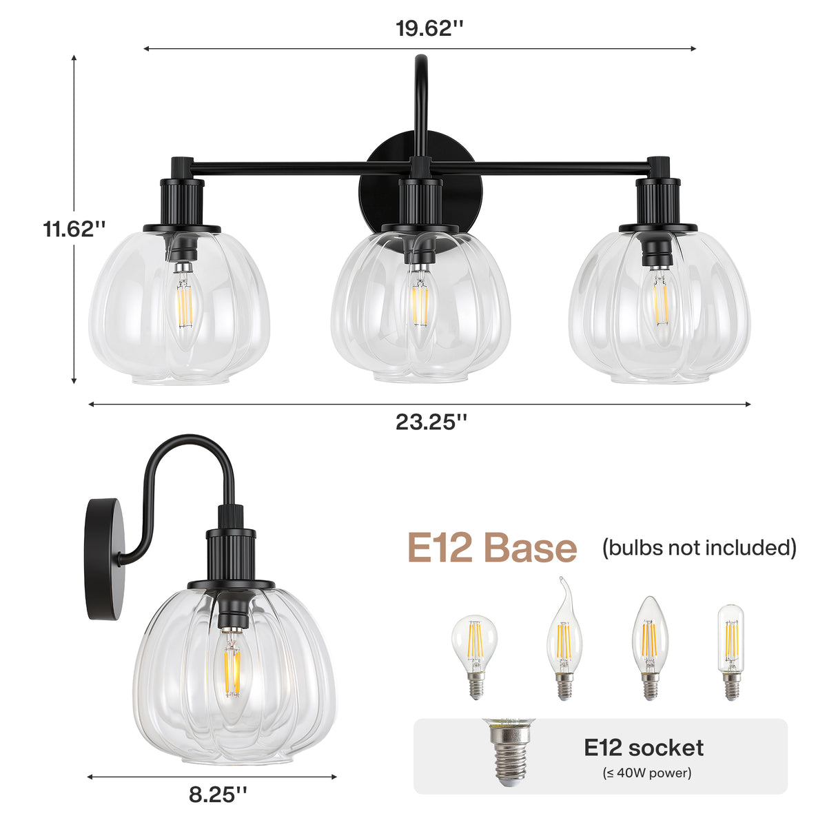 3-Light 23" Bathroom Vanity Light, Modern Black Wall Sconce with Clear Glass Shade
