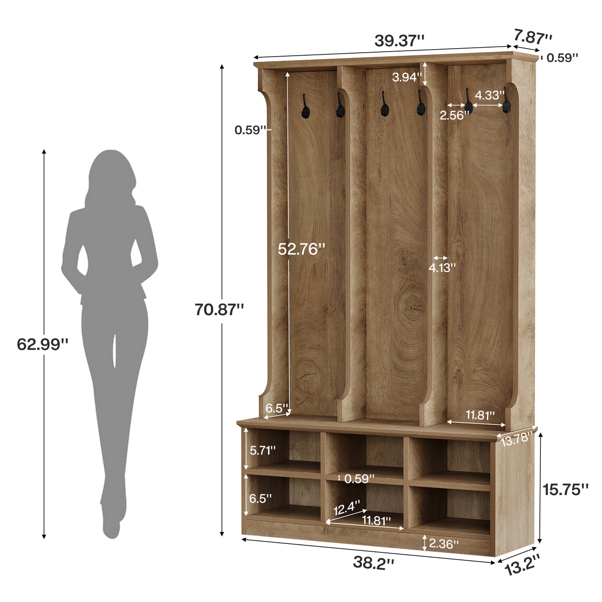 3-in-1 Hall Tree with Shoe Bench and Storage, 70.9" Entryway Coat Rack with 6 Double Hooks