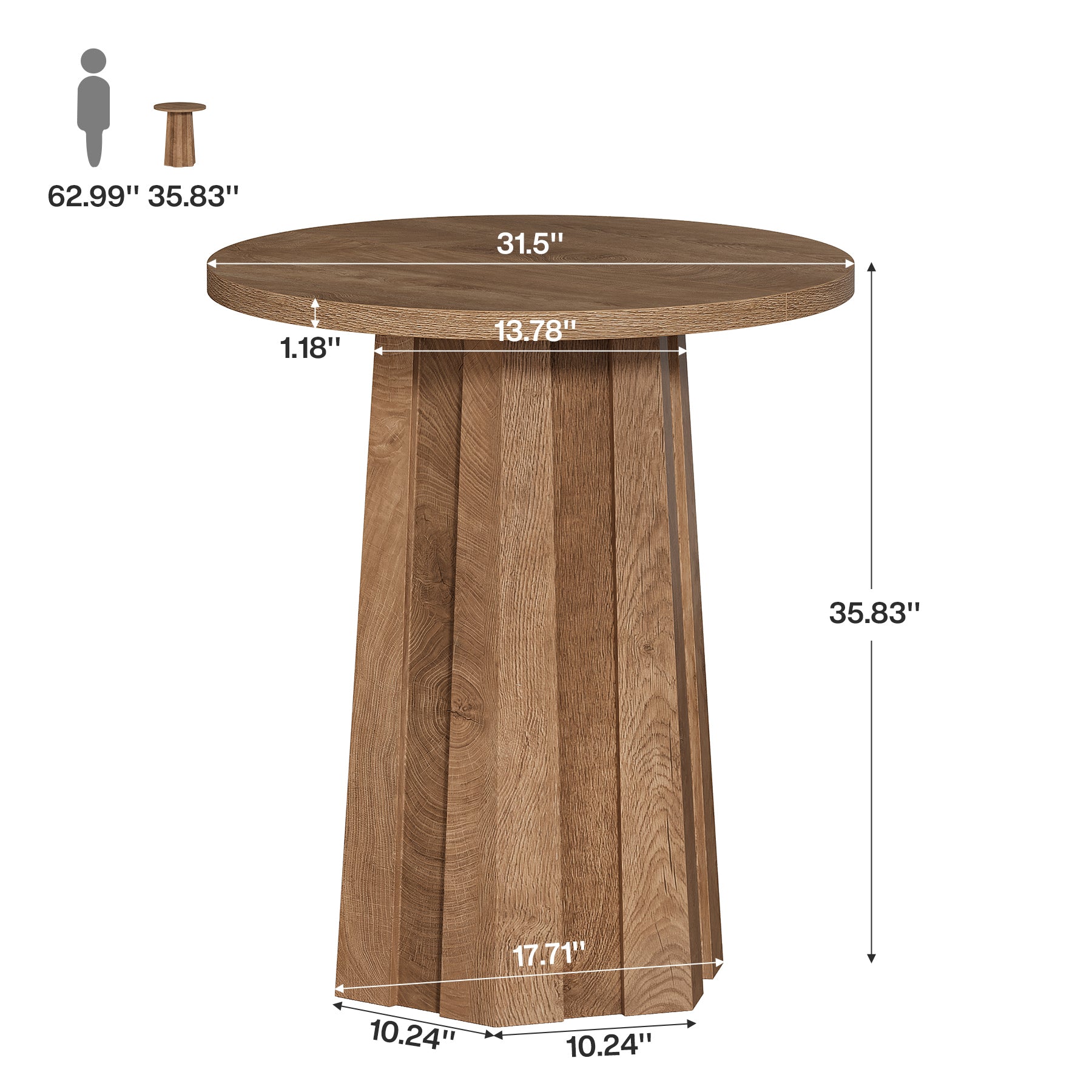 Round Bar Table, 31.5" Bistro Pub Table with Fluted Pedestal Base for Small Spaces
