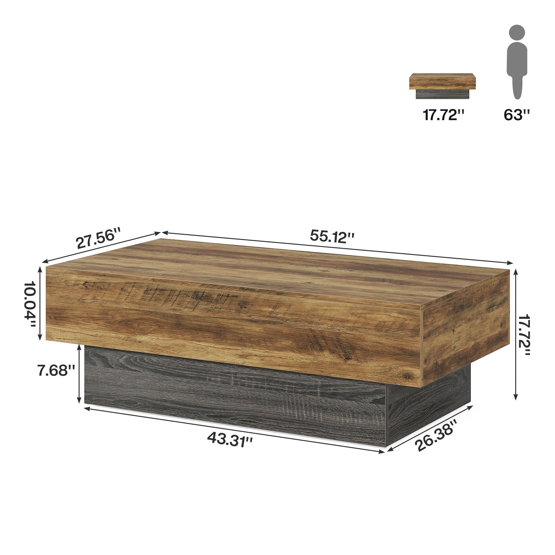 55" Coffee Table, Farmhouse Center Table Tea Table with Sturdy Pedestal