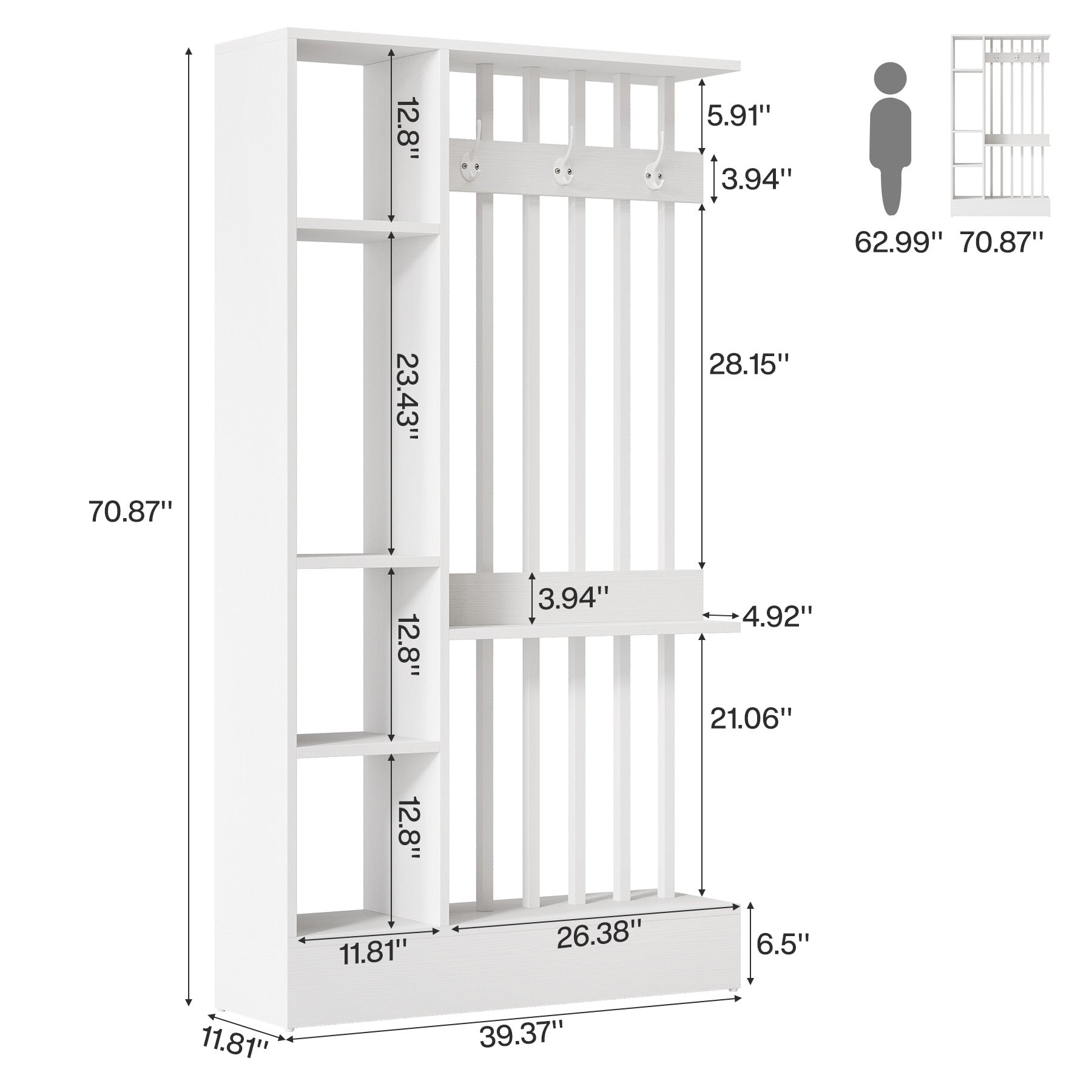 71" Wall Room Divider, Wood Freestanding Wall Partition Bookcase with Coat Hooks