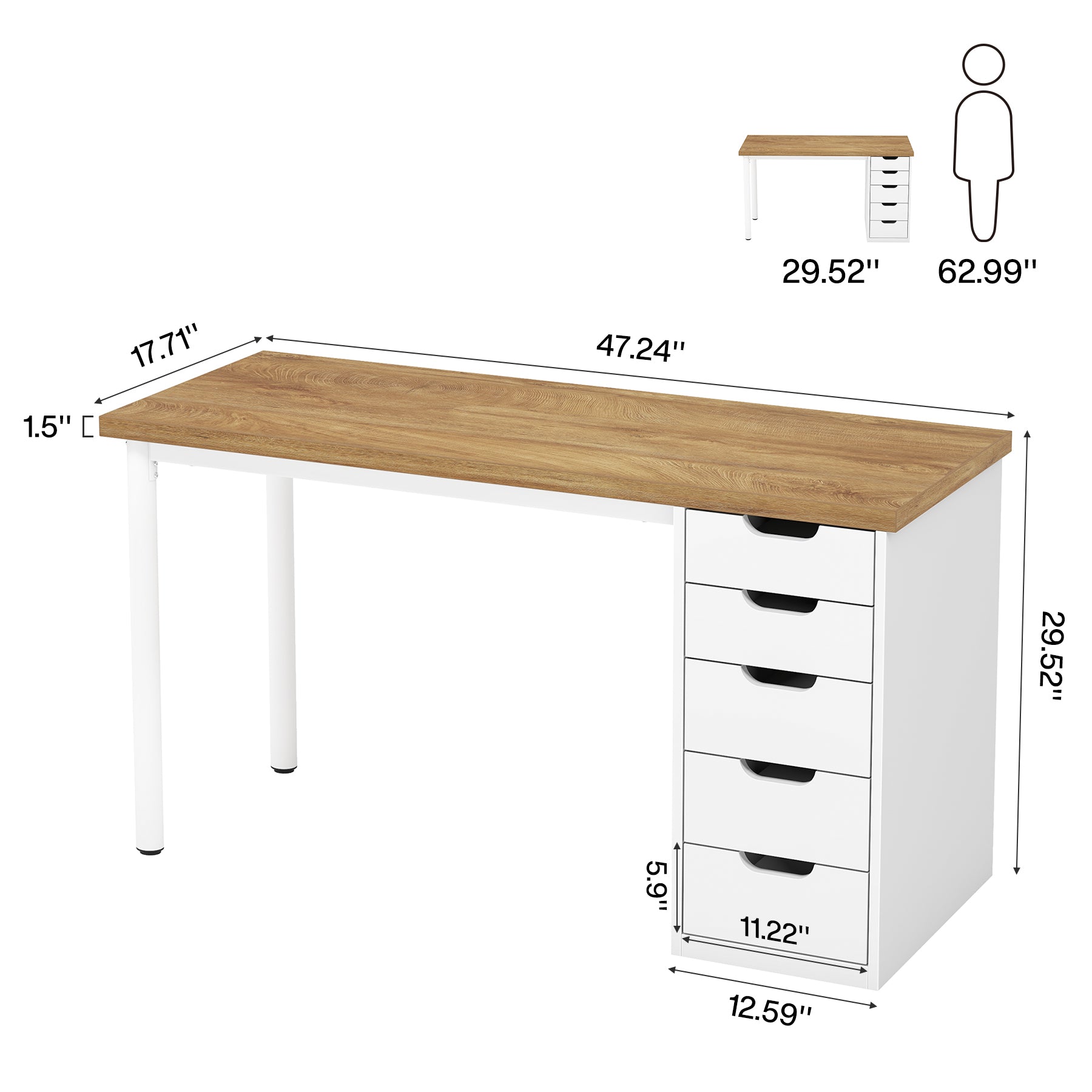 47" Computer Desk with 5 Drawers, Compact Storage Home Office Desk