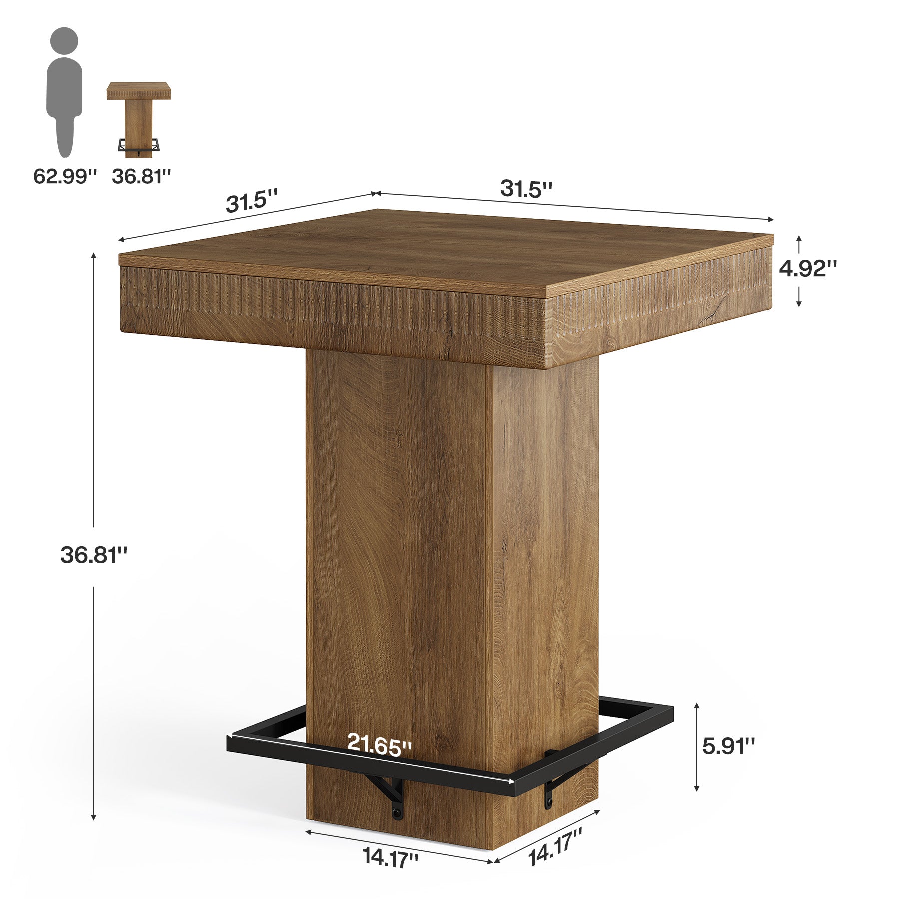 Square Bar Table, Industrial Bistro Pub Table with Metal Footrest