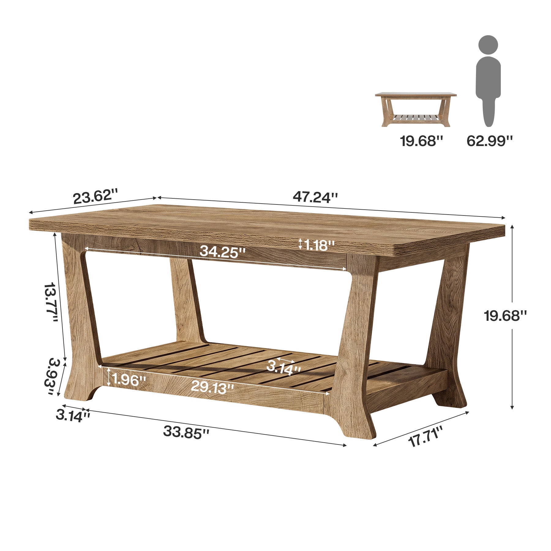 Rectangle Coffee Table, 47.24" Farmhouse Center Table with Shelves for Living Room