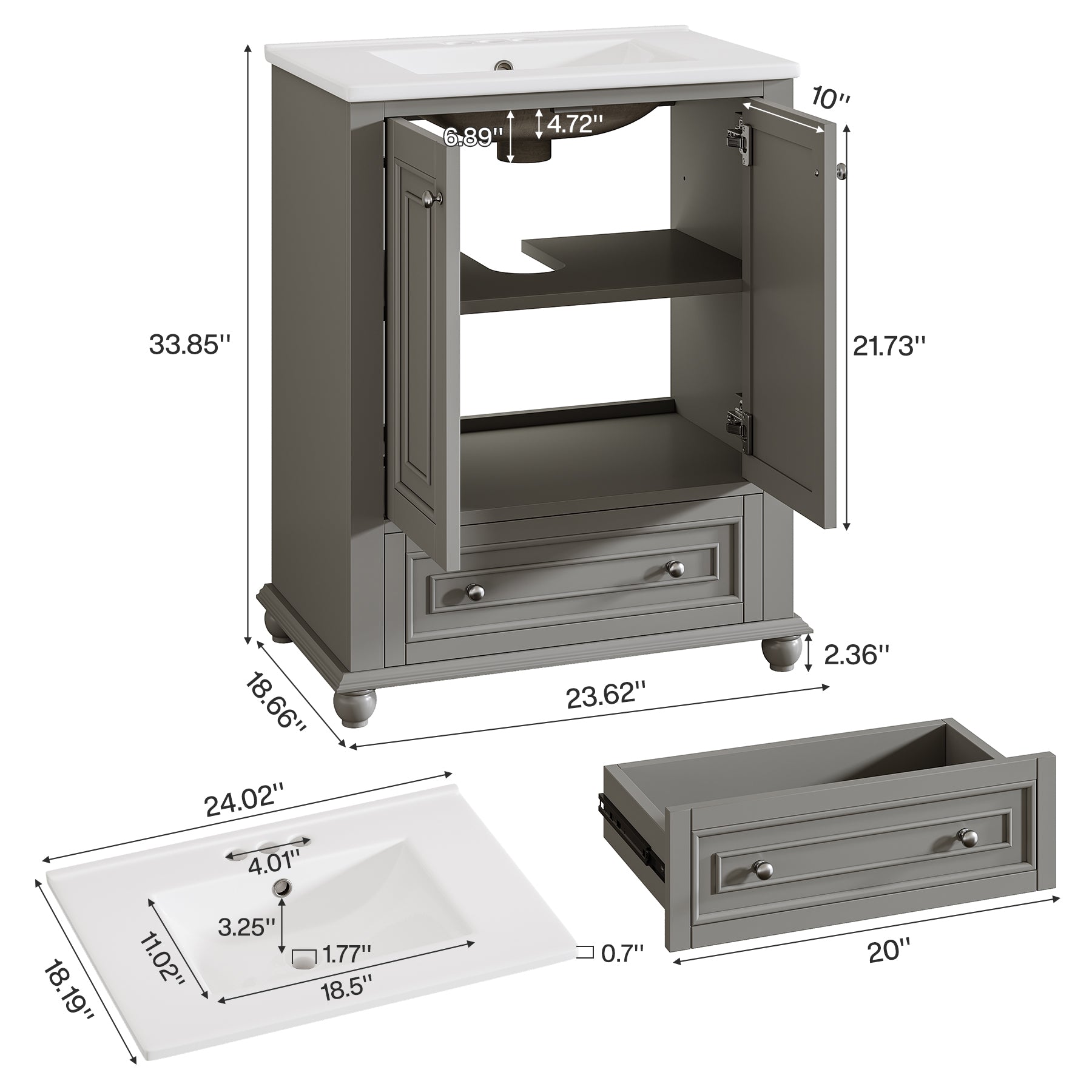 23.6" Bathroom Vanity, Freestanding Bathroom Storage Vanity Cabinet with 2 Doors