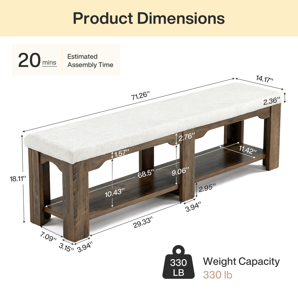 71" Wide Entryway Shoe Bench, Farmhouse Cushioned Seat & Lower Open Storage Shelf