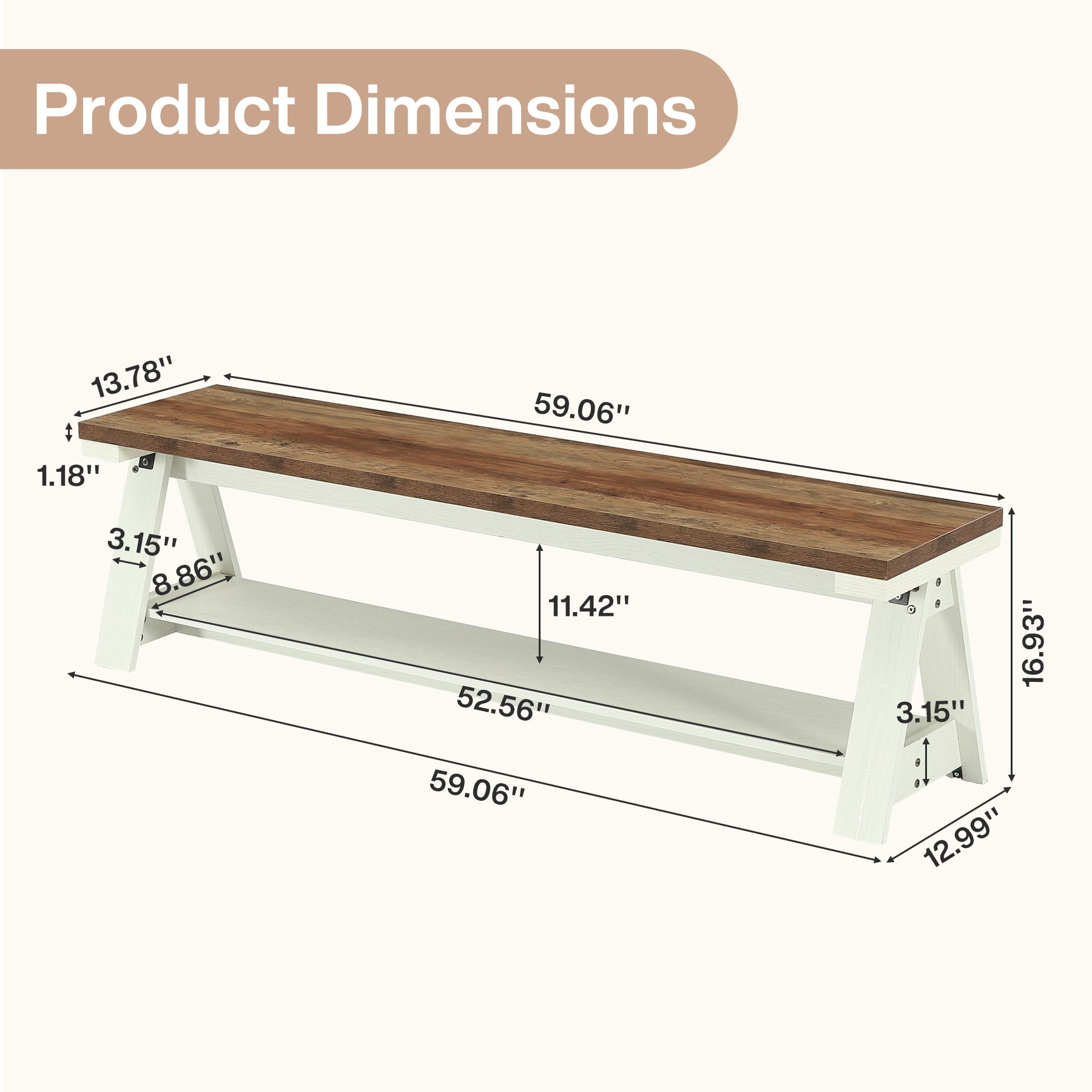 59 Inch Wooden Entryway Bench with Open Shelves, Farmhouse 2-Tier Storage Bench for Hallway
