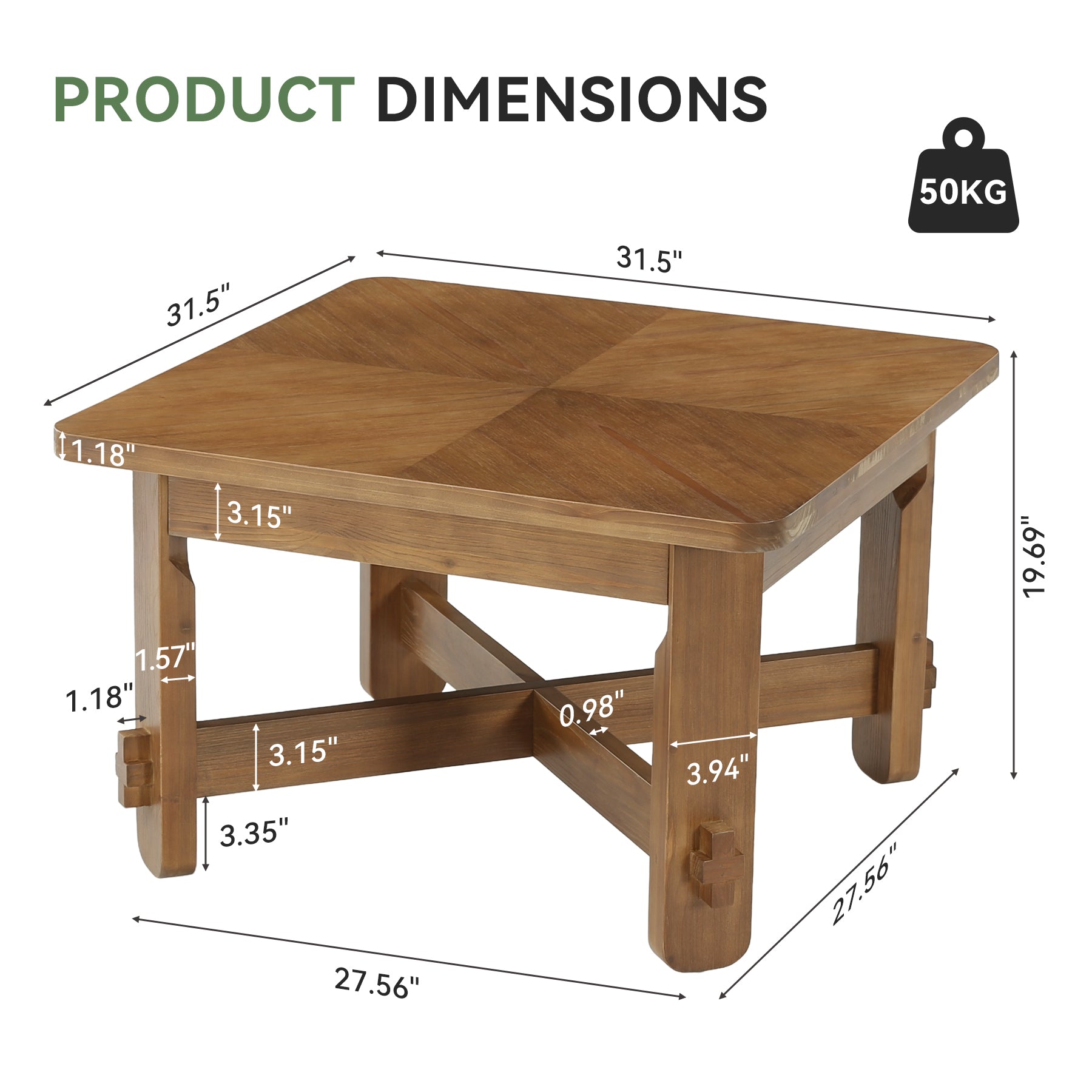 31.5 Inch Solid Wood Square Coffee Table, Farmhouse Center Table with Cross Base