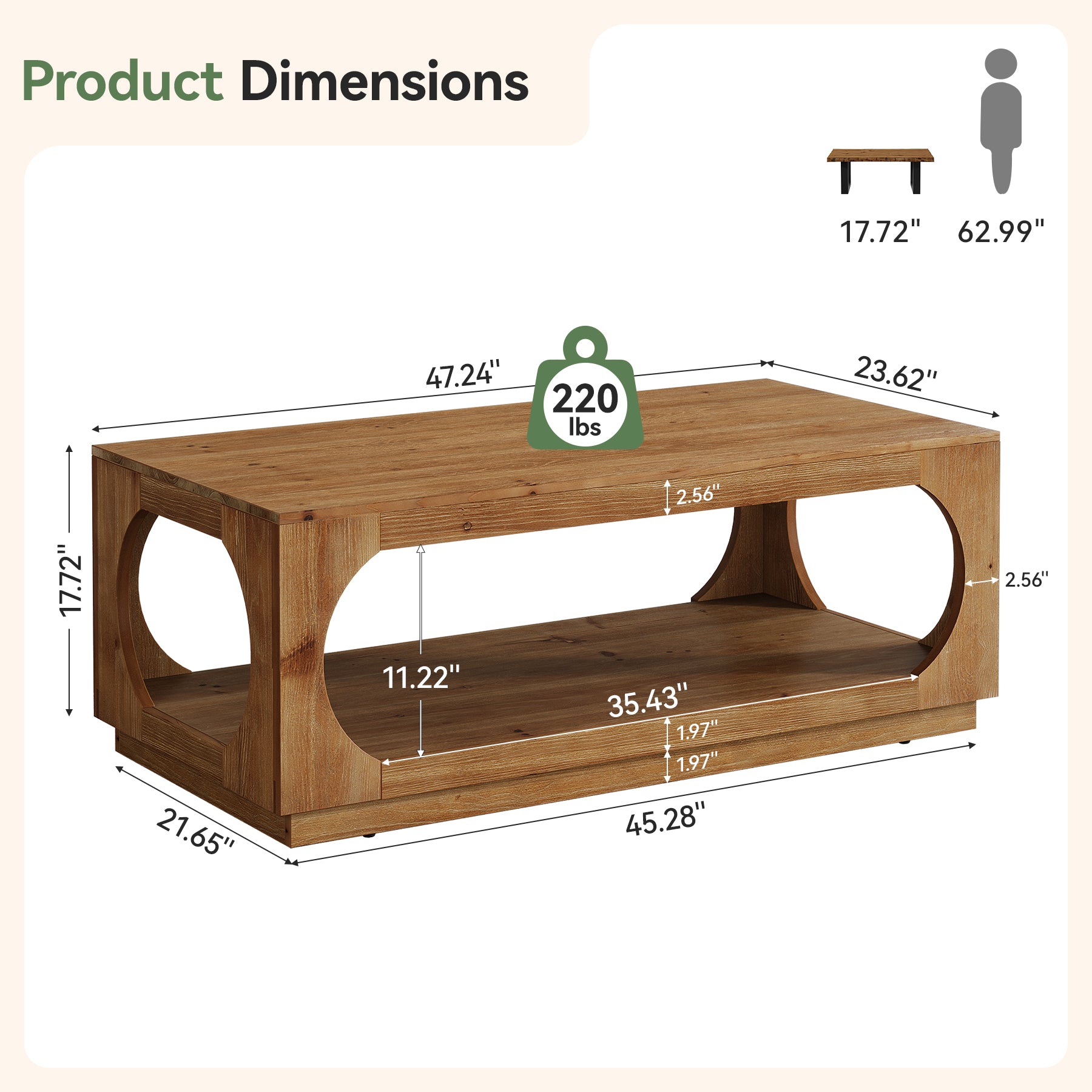 2-Tier Solid Wood Coffee Table, 47.2" Farmhouse Center Tables with Storage