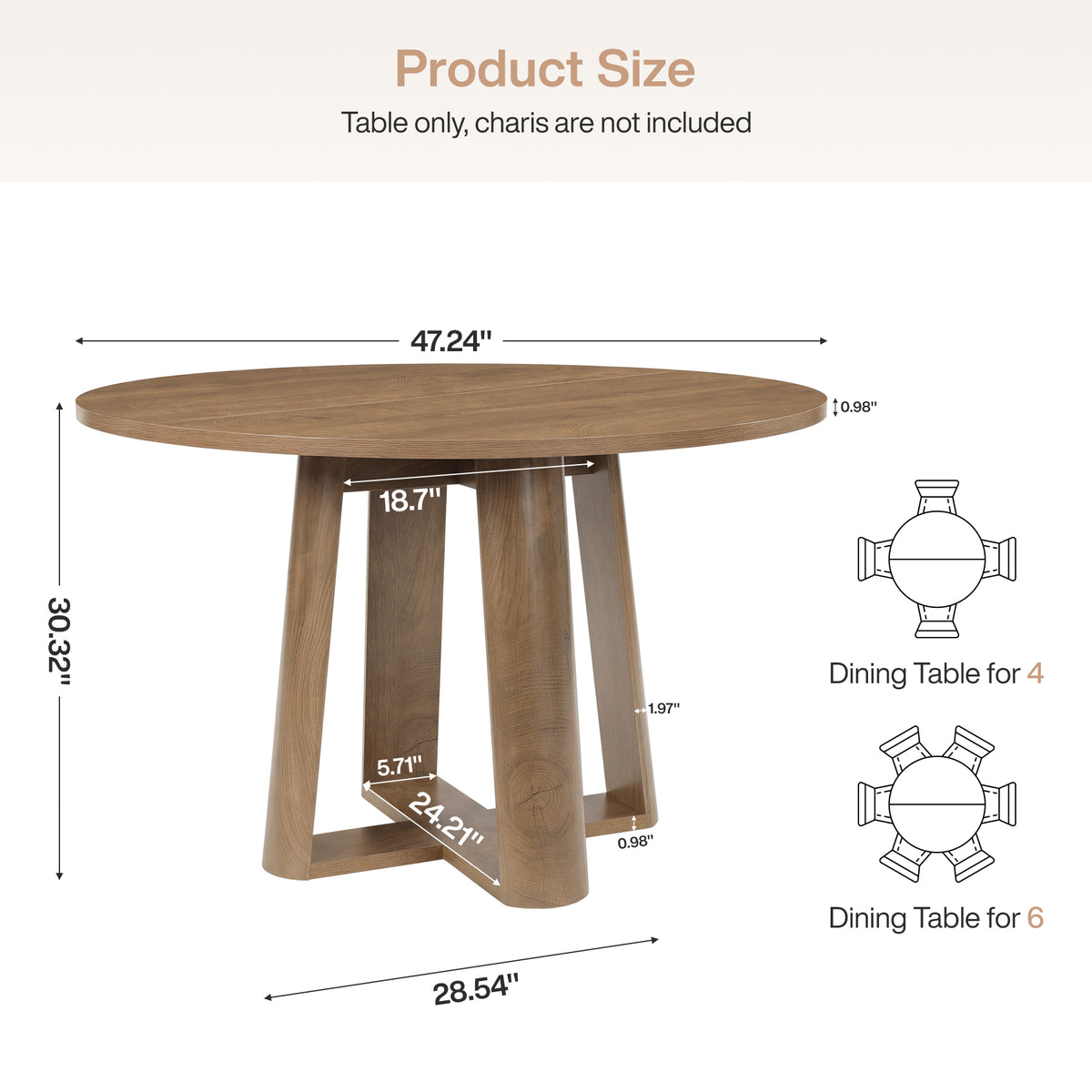 47" Round Dining Table for 4-6 People, Farmhouse Kitchen Table with Cross Pedestal Base