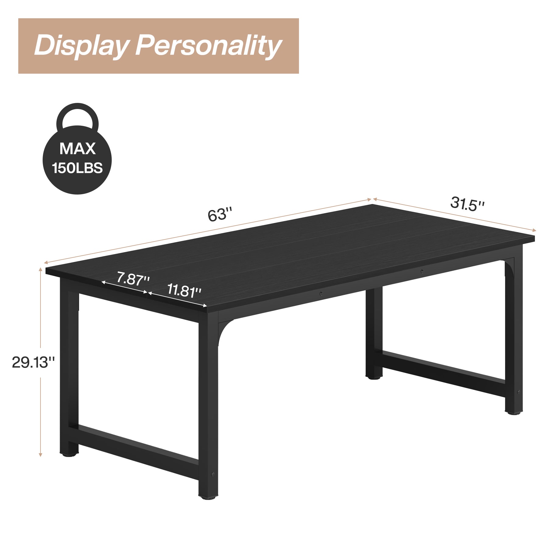63" Rectangular Dining Table for 6–8 People, Industrial Wood Kitchen Table