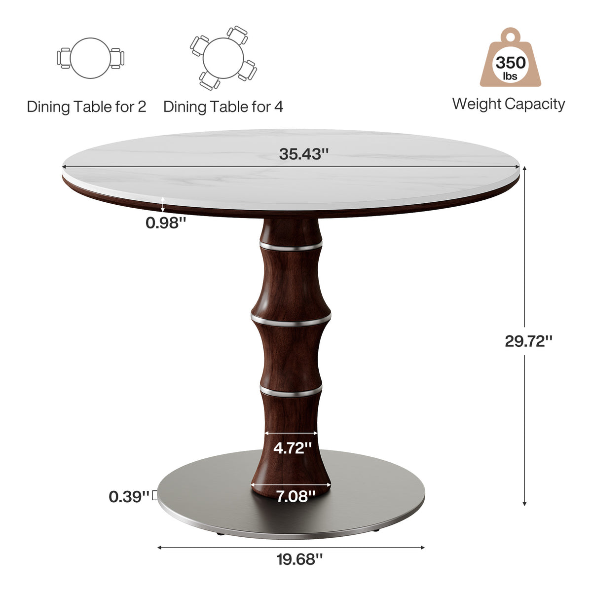 35" Round Sintered Stone Dining Table for 2-4, Rubberwood Pedestal