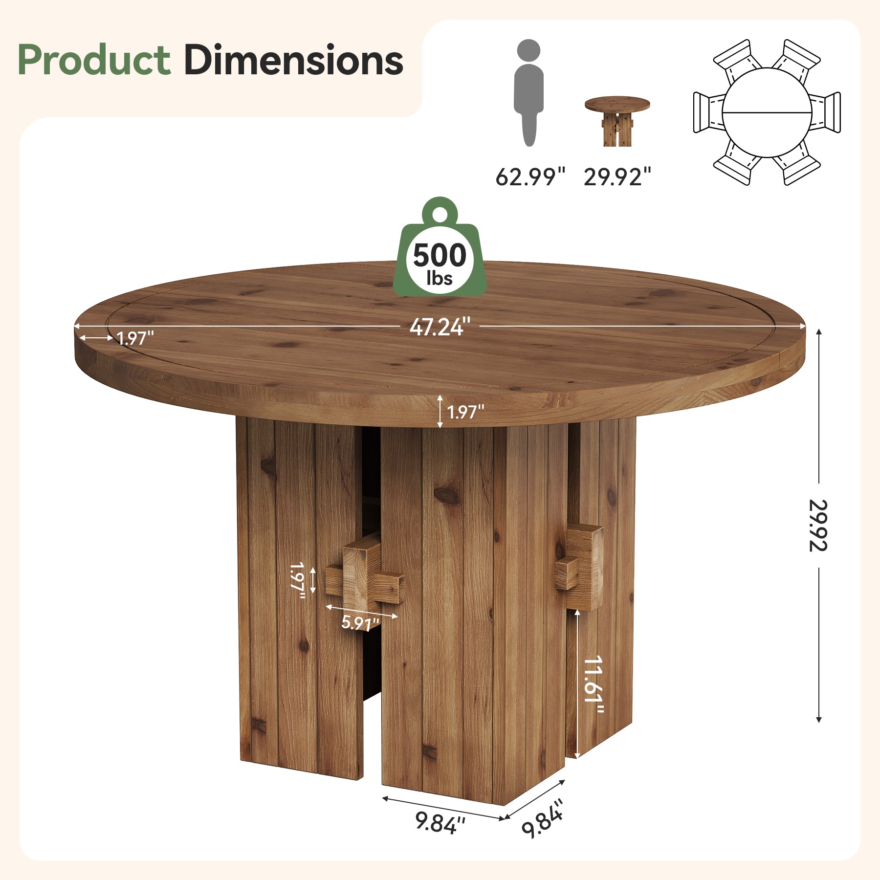 47" Solid Wood Dining Table, Farmhouse Round Kitchen Table for 4-6