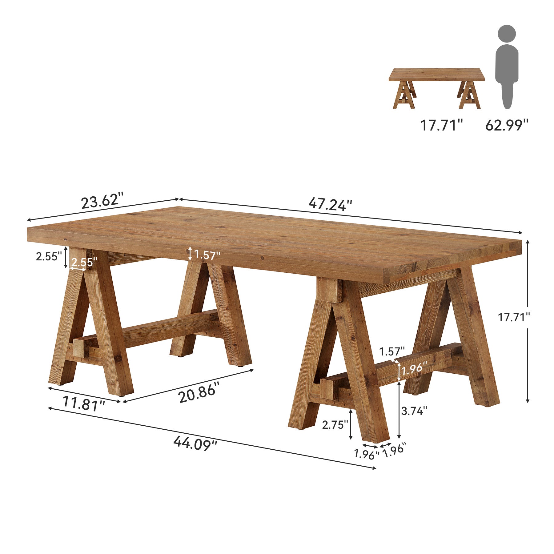 Solid Wood Coffee Table, 47" Farmhouse Center Table with Trestle Base for Living Room