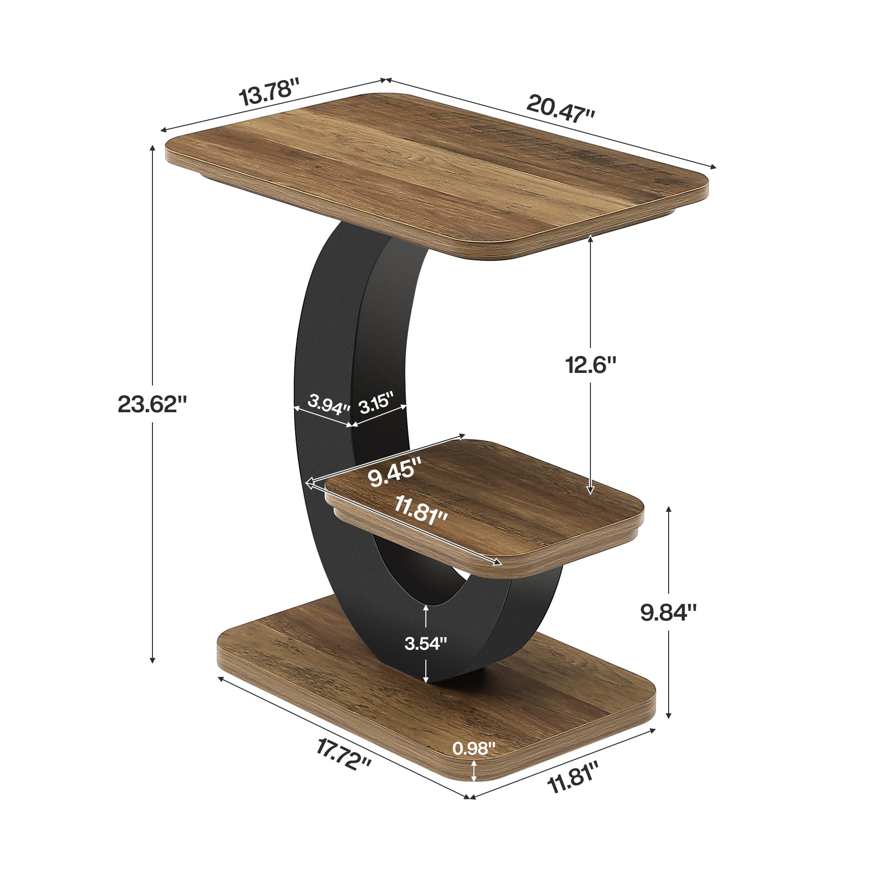 2-Tier End Table, Narrow Side Table with Metal Arc-Shaped Frame