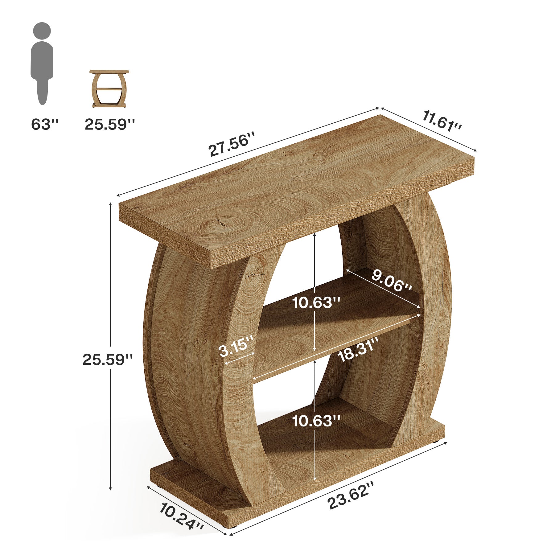 Narrow End Table, 2-Tier Farmhouse Side Table with Curved Frame