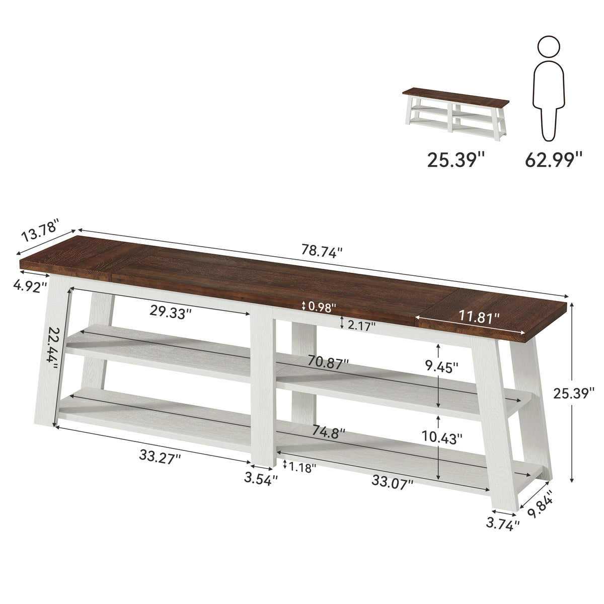 78.7" Solid Wood Console Table, 3-Tier Entryway Table, Sofa Table Behind Couch