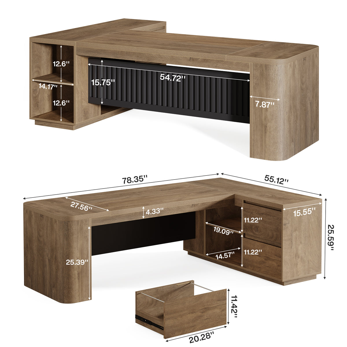 78" L-Shaped Executive Desk with File Cabinet, Corner Computer Desk for Home Office