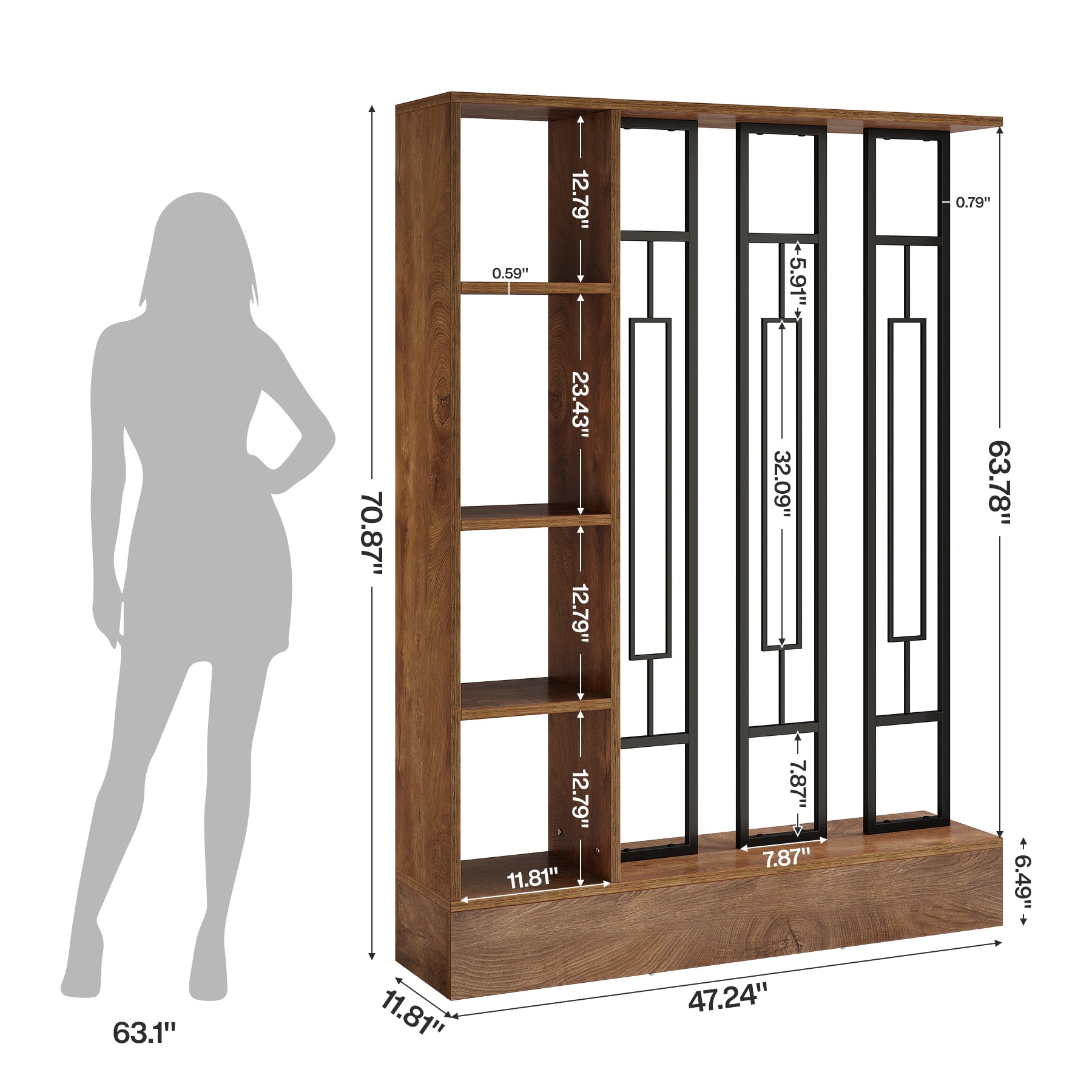 70.9" Wall Room Divider, Freestanding Wall Partition with Display Shelves