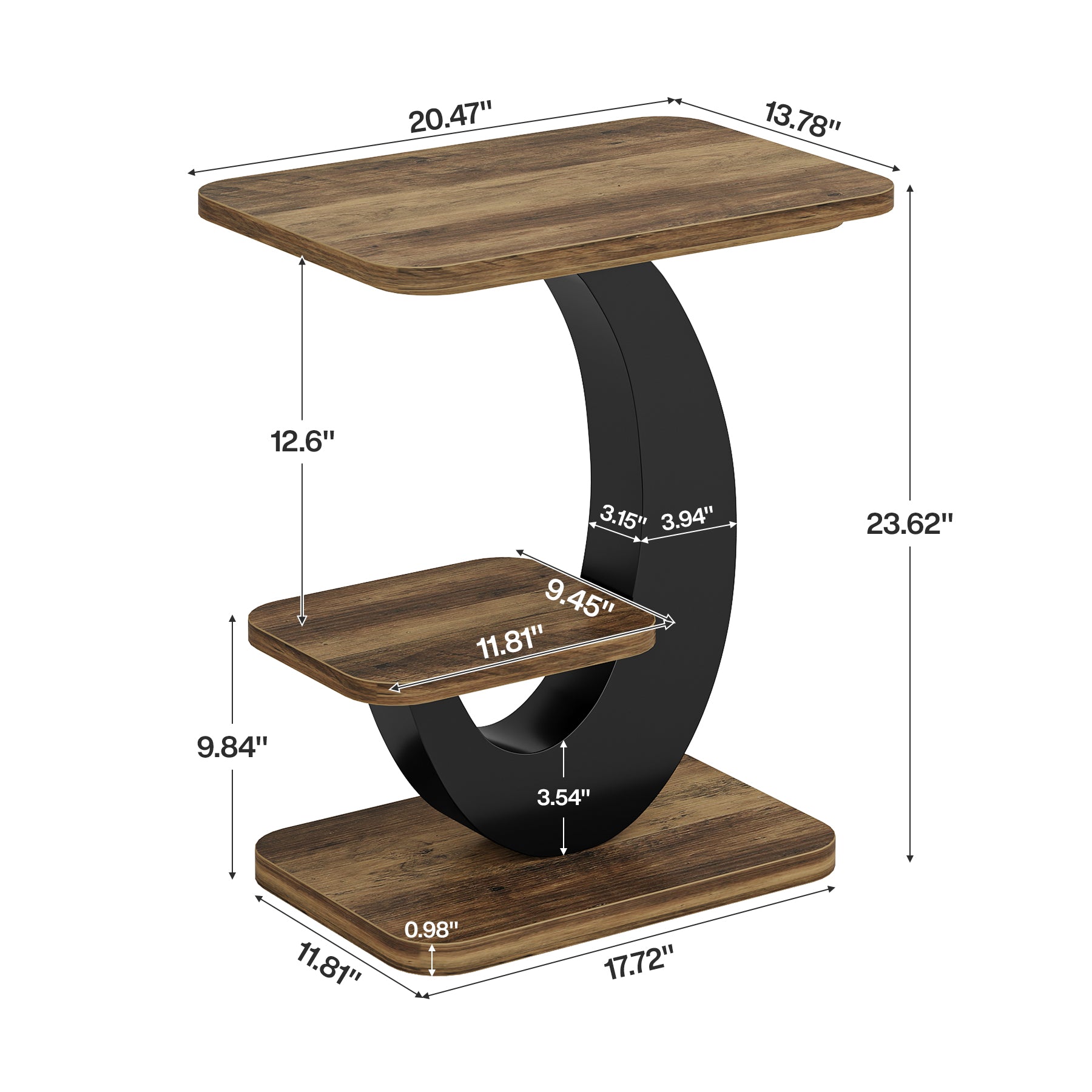 2-Tier End Table, Narrow Side Table with Metal Arc-Shaped Frame