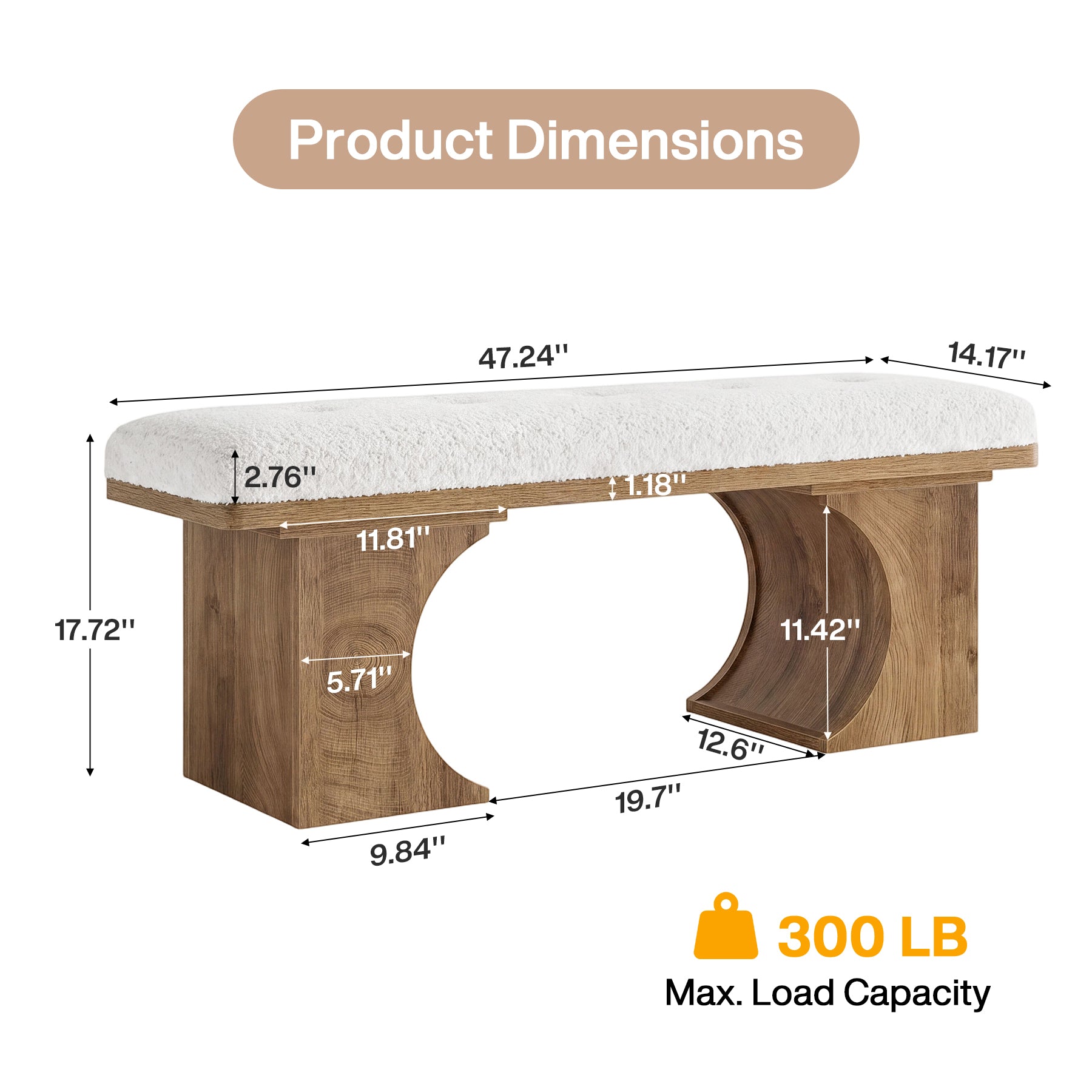 Tribesigns 47.24-Inch Upholstered Entryway Bench with Soft Cushion and Curved Wooden Legs, Modern Rustic Shoe Bench for Hallway and Living Room