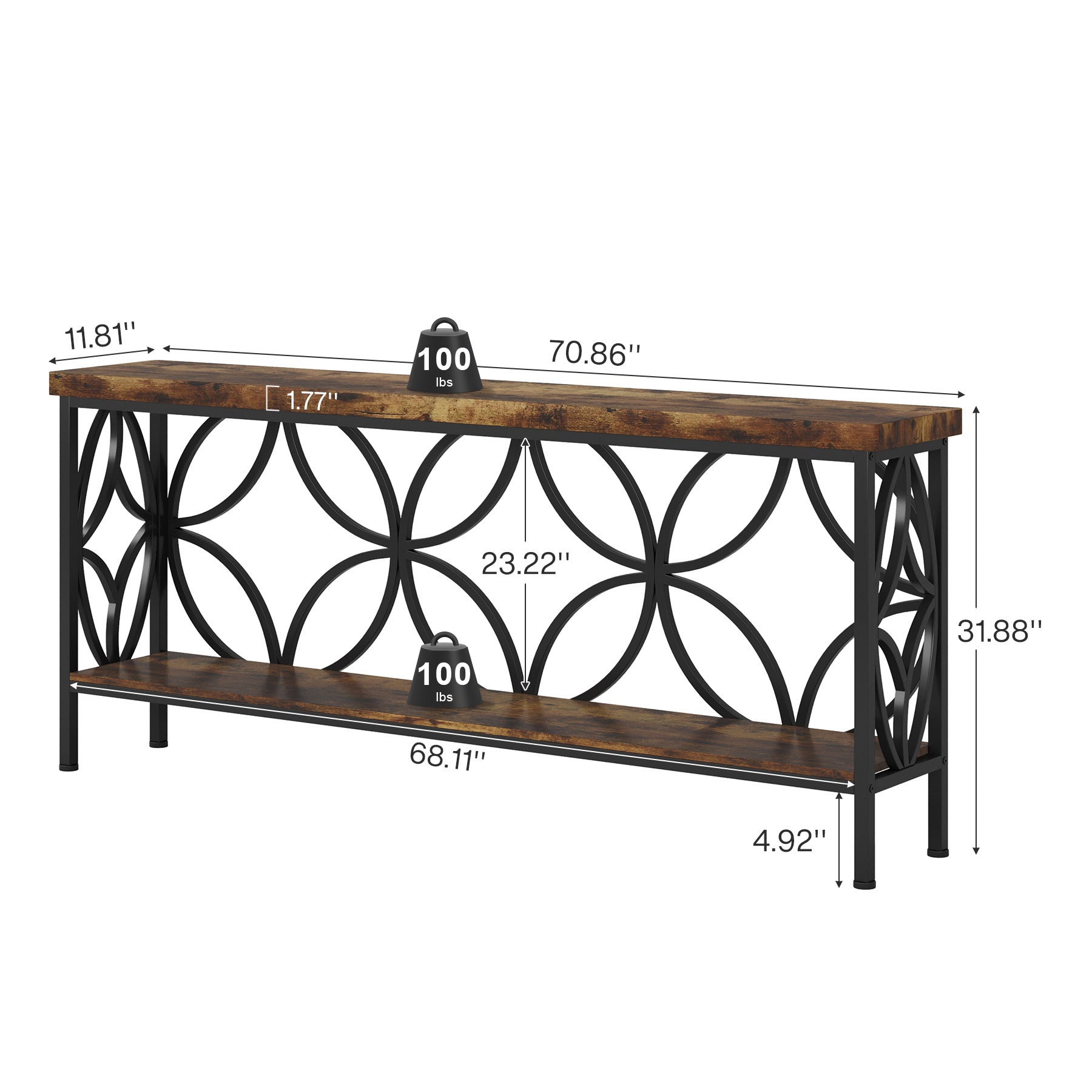 70.9" Sofa Table, 2-Tier Industrial Console Table Behind Couch