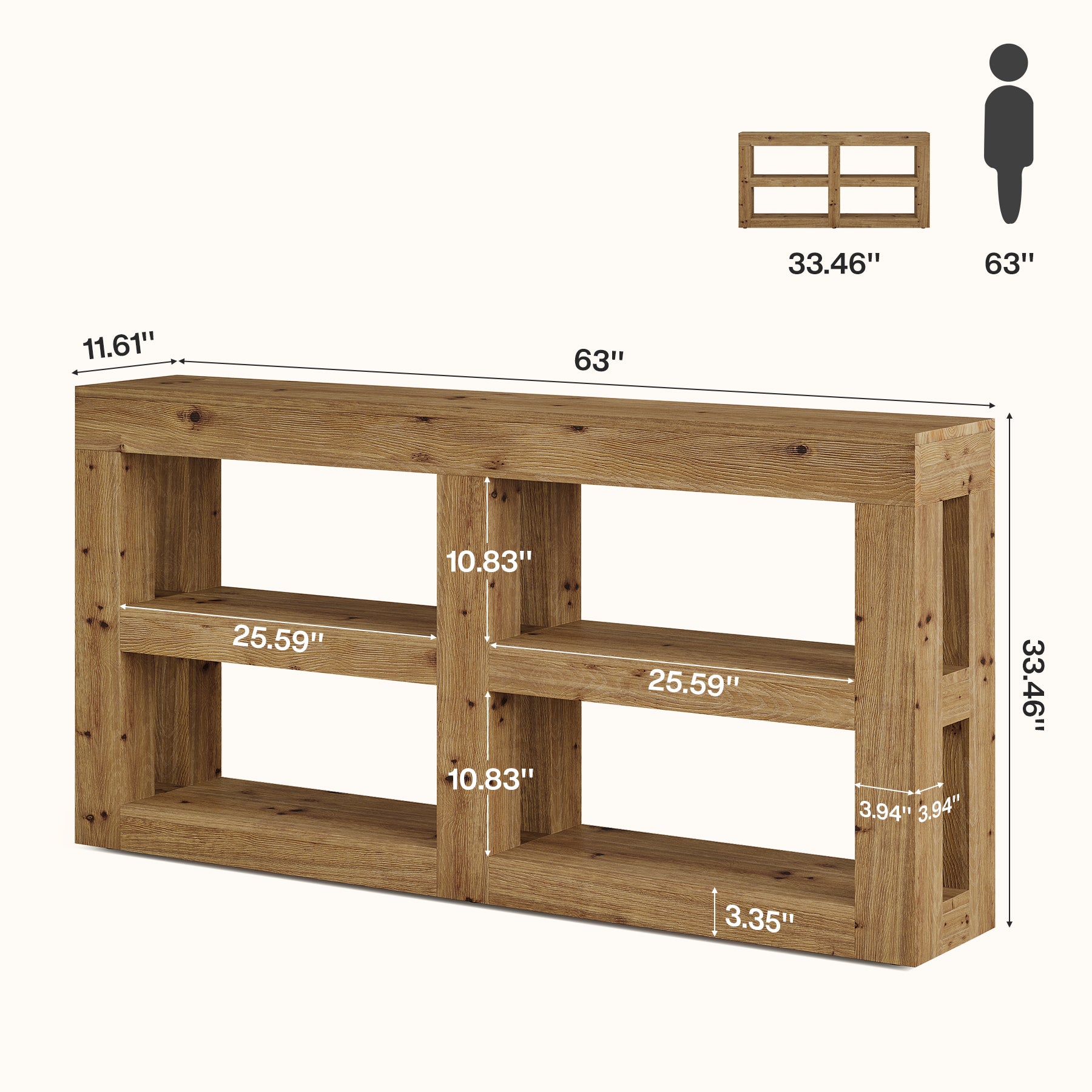 63" Solid Wood Console Table with Storage, 3-Tier Farmhouse Entryway & Sofa Table with Open Shelves