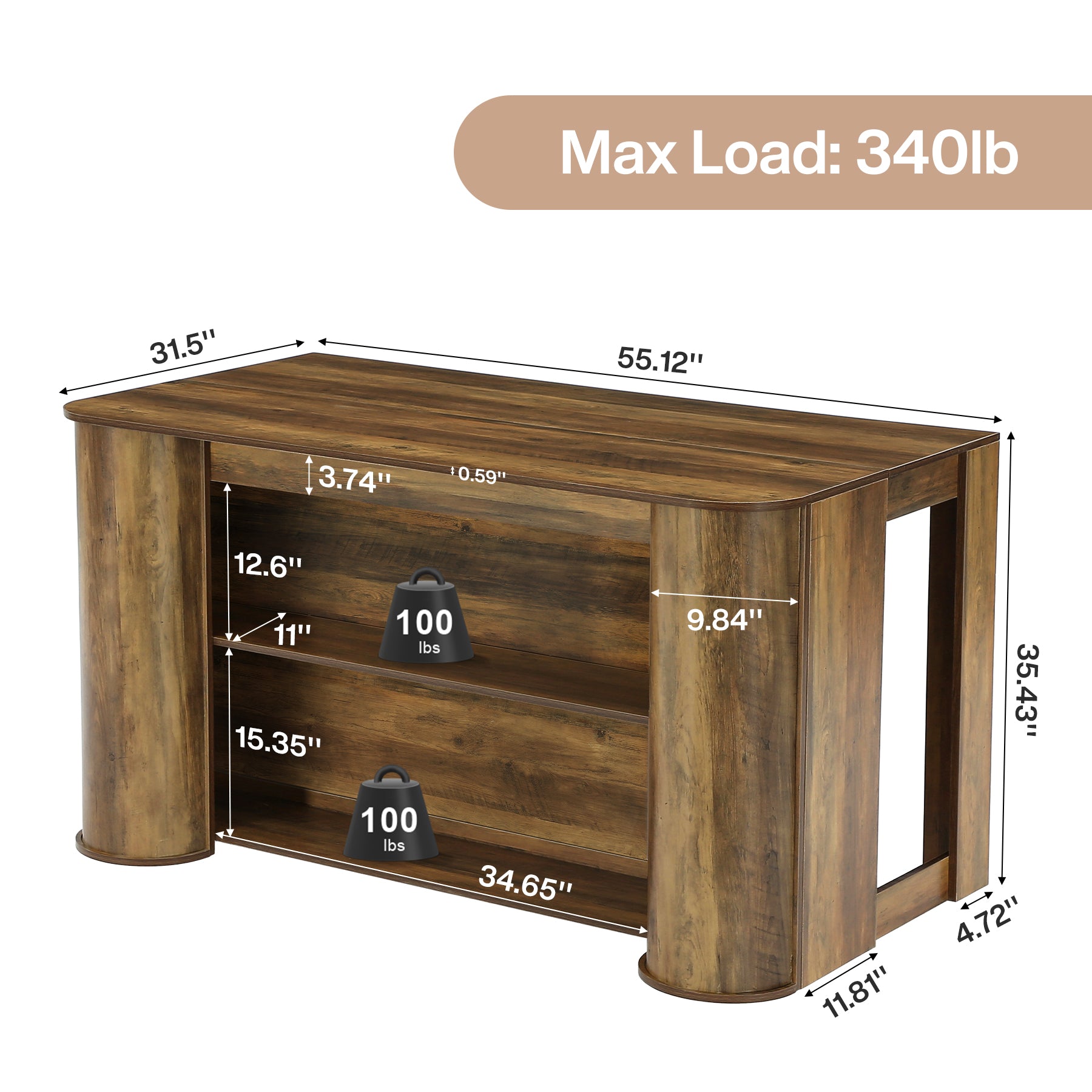 55" Kitchen Island, Farmhouse Stationary Island Table with 2-Tier Storage Shelves