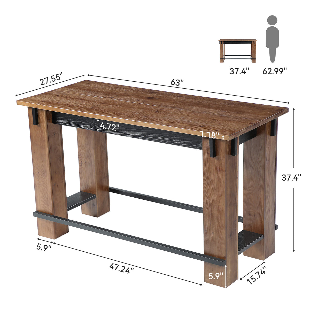 63" Farmhouse Industrial Kitchen Island with Footrest, Counter Height Solid Wood