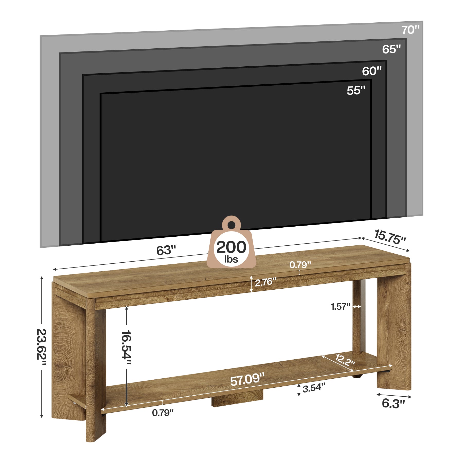 63" TV Stand for TVs up to 70", Entertainment Center with 2-Tier Shelves for Living Room