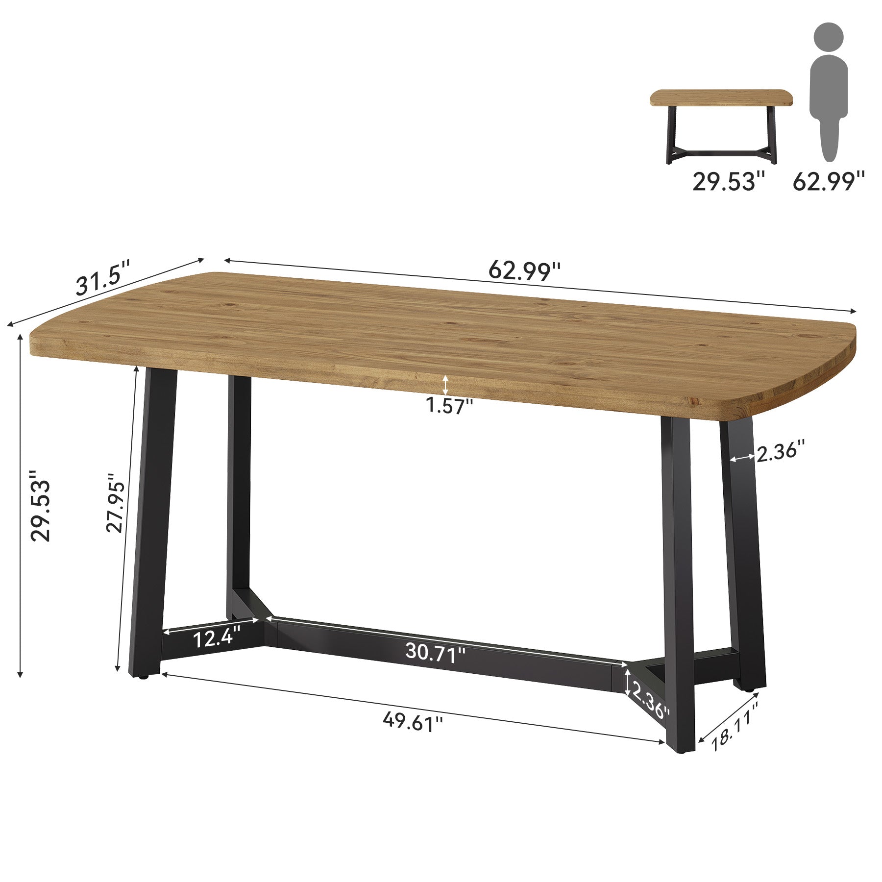 63" Modern Executive Desk, Solid Pine Wood Computer Desk for Home Office
