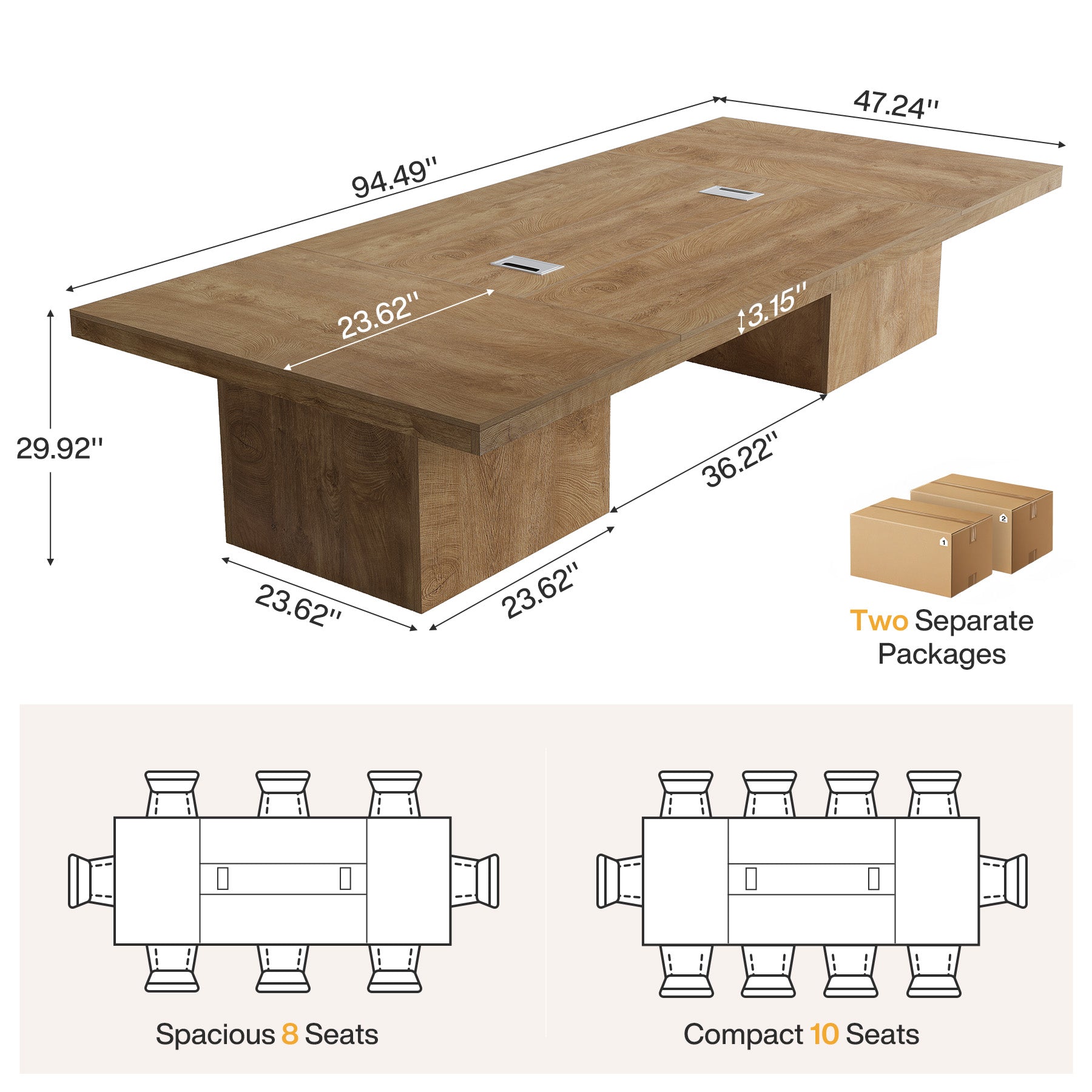 95" Conference Table with Pedestal Base, 8FT Wood Office Meeting Table, Cable Grommets