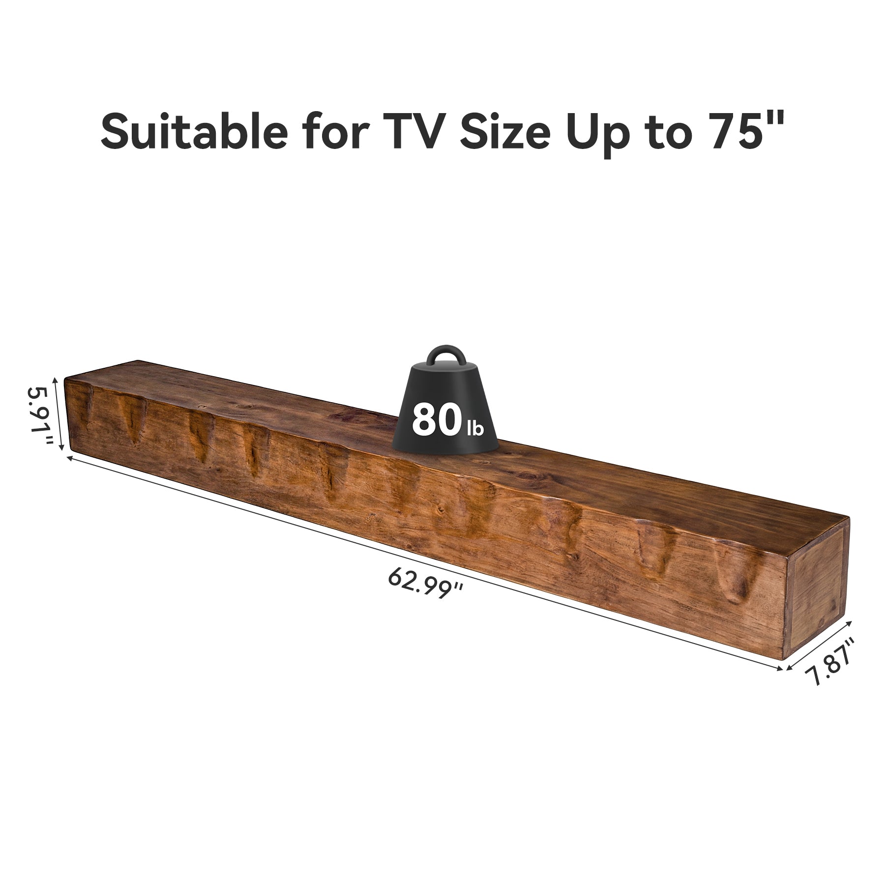 Solid Wood Floating TV Stand, 63" Wall Media Shelf for TVs Up to 75"