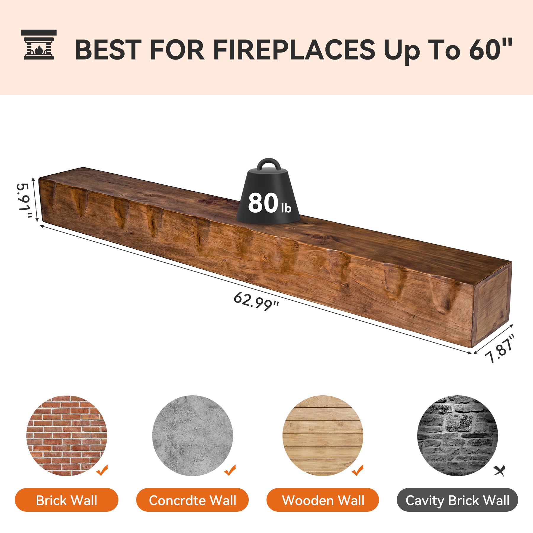 63" Fireplace Mantel Shelf, Solid Wood Wall Floating Mantel Shelf for Over Fireplace