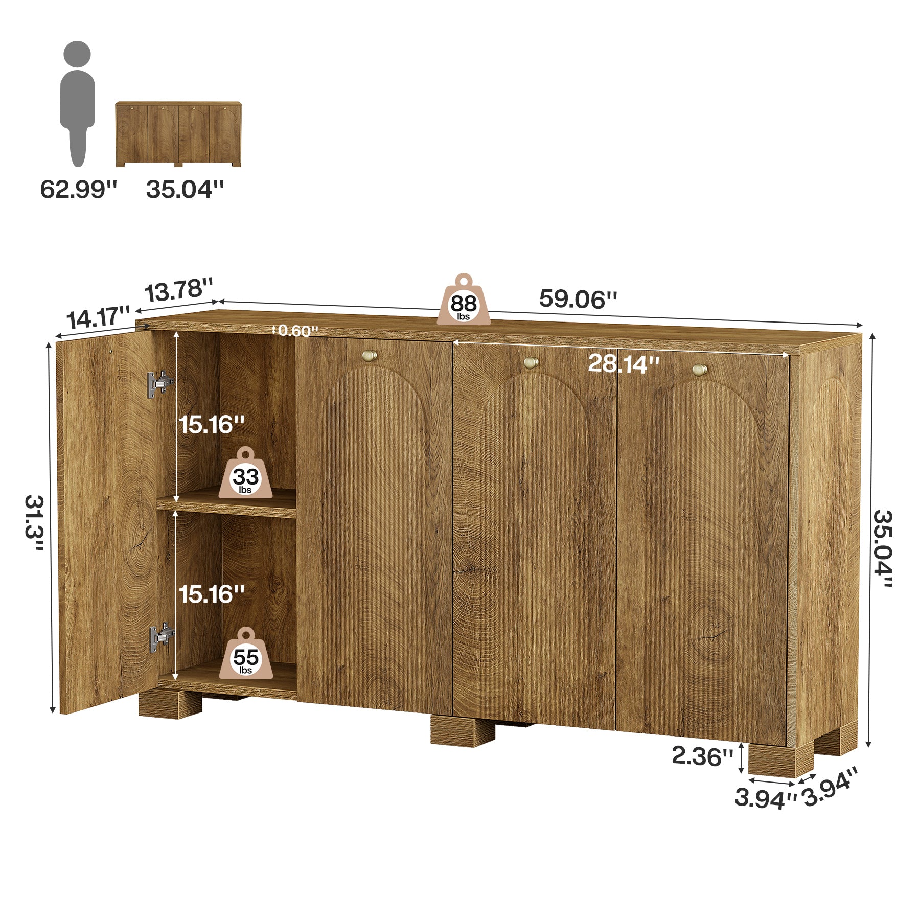 59" Sideboard Buffet Cabinet, Fluted Buffet Table with 4 Doors & Shelves